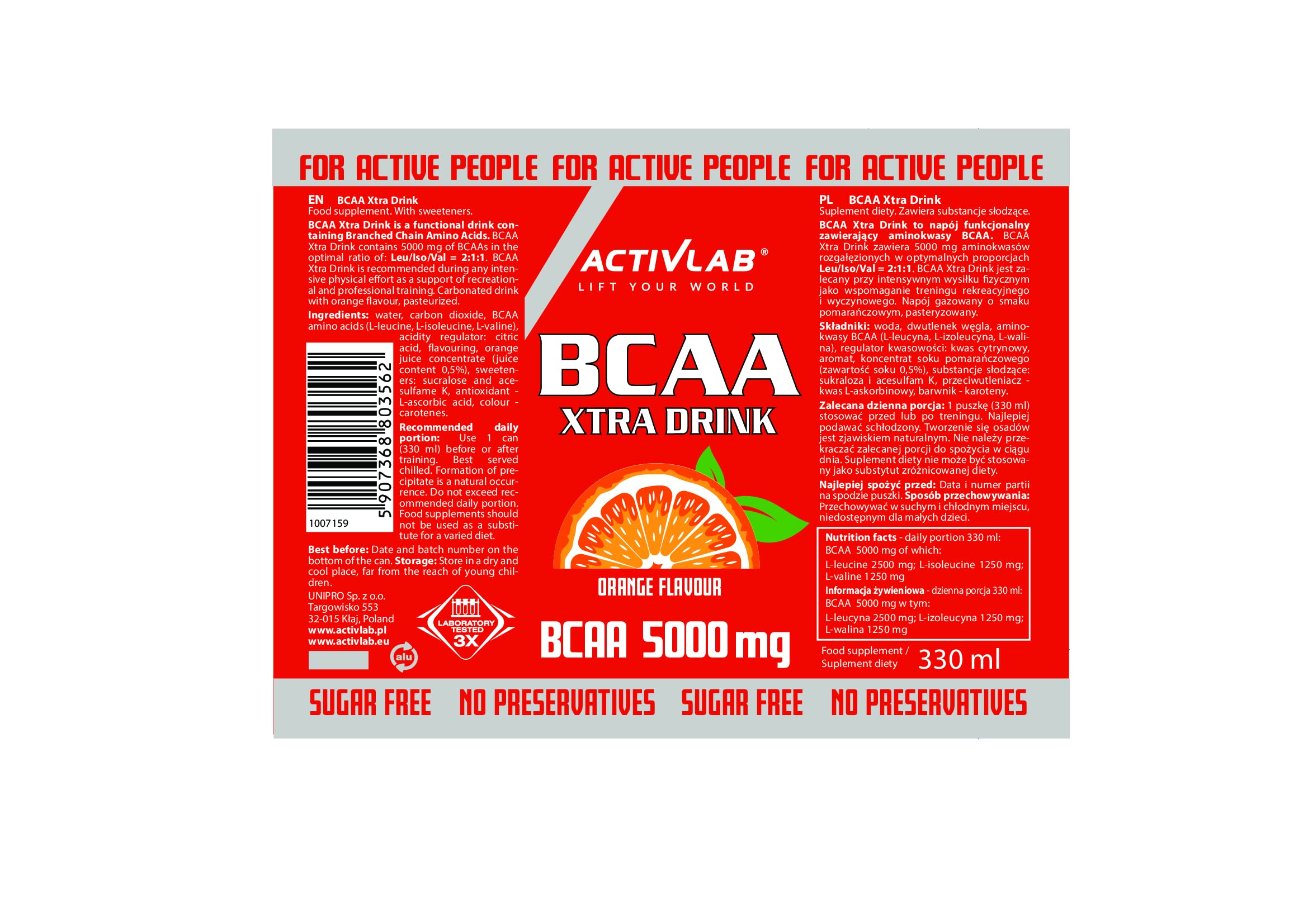 Activlab Getränk mit Aminosäuren - 5000 mg BCAA pro Dose - Aminosäuregetränk - Zuckerfrei - Körperregeneration - 24 x 330 ml Orange Xtra Drink