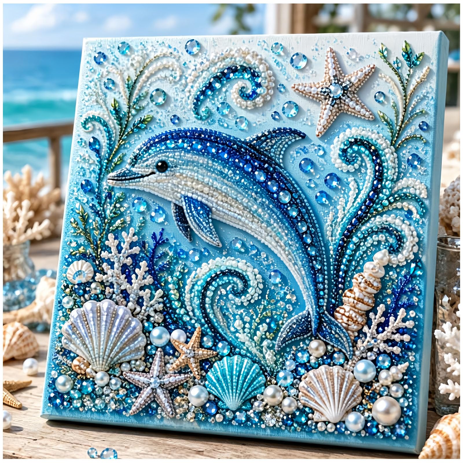 Jeeeun Ocean Theme Pearl Art DIY Kit, 3D Ocean Animal Pearl Art Craft with Pearls & Rhinestones, Sparkling Coastal Wall Decor for Adults & Beginners (Dolphin)