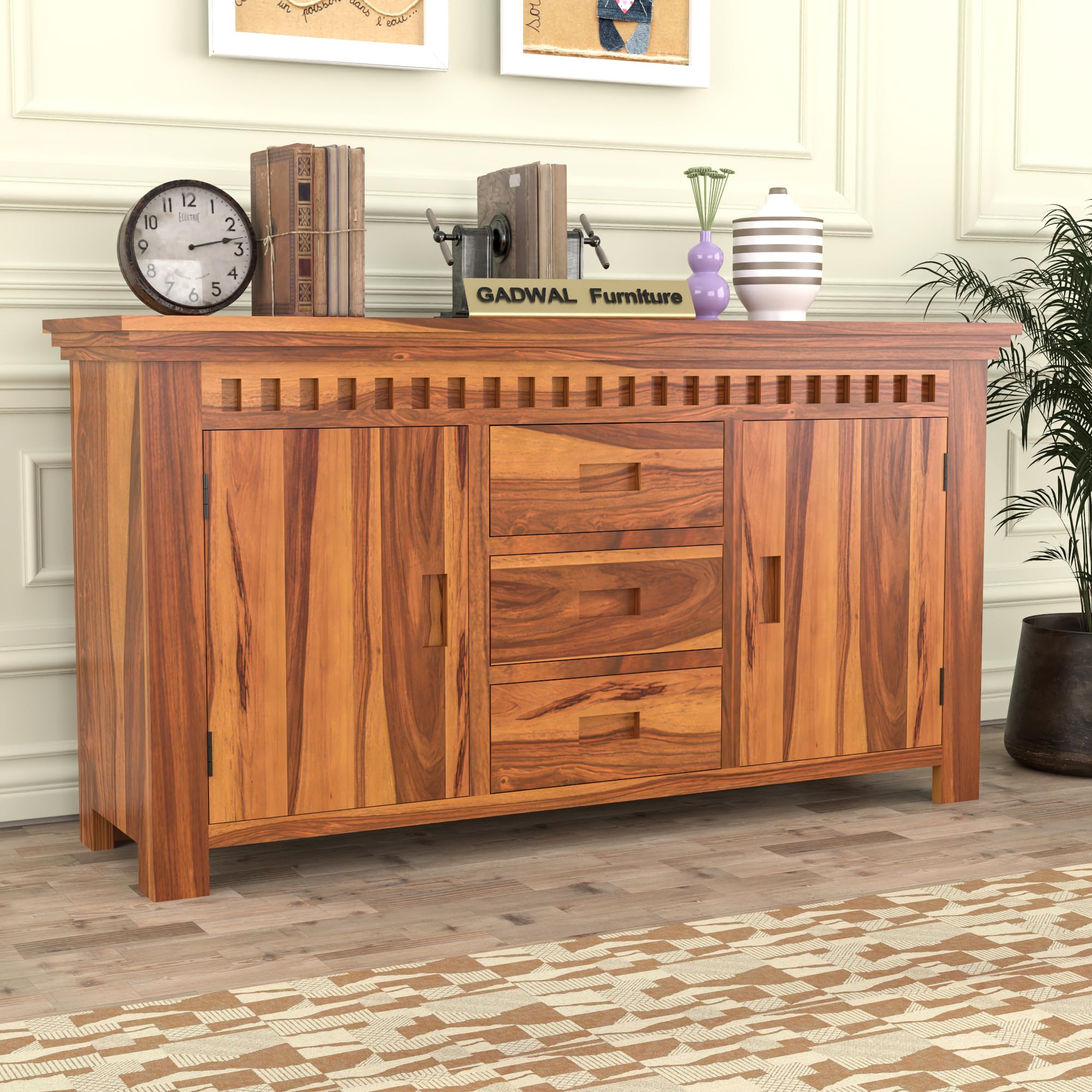 Solid Sheesham Wood Wooden Cabinet Sideboard with 3 Drawers and 4-Shelves Storage (Regin, Honey Finish)-picture-37