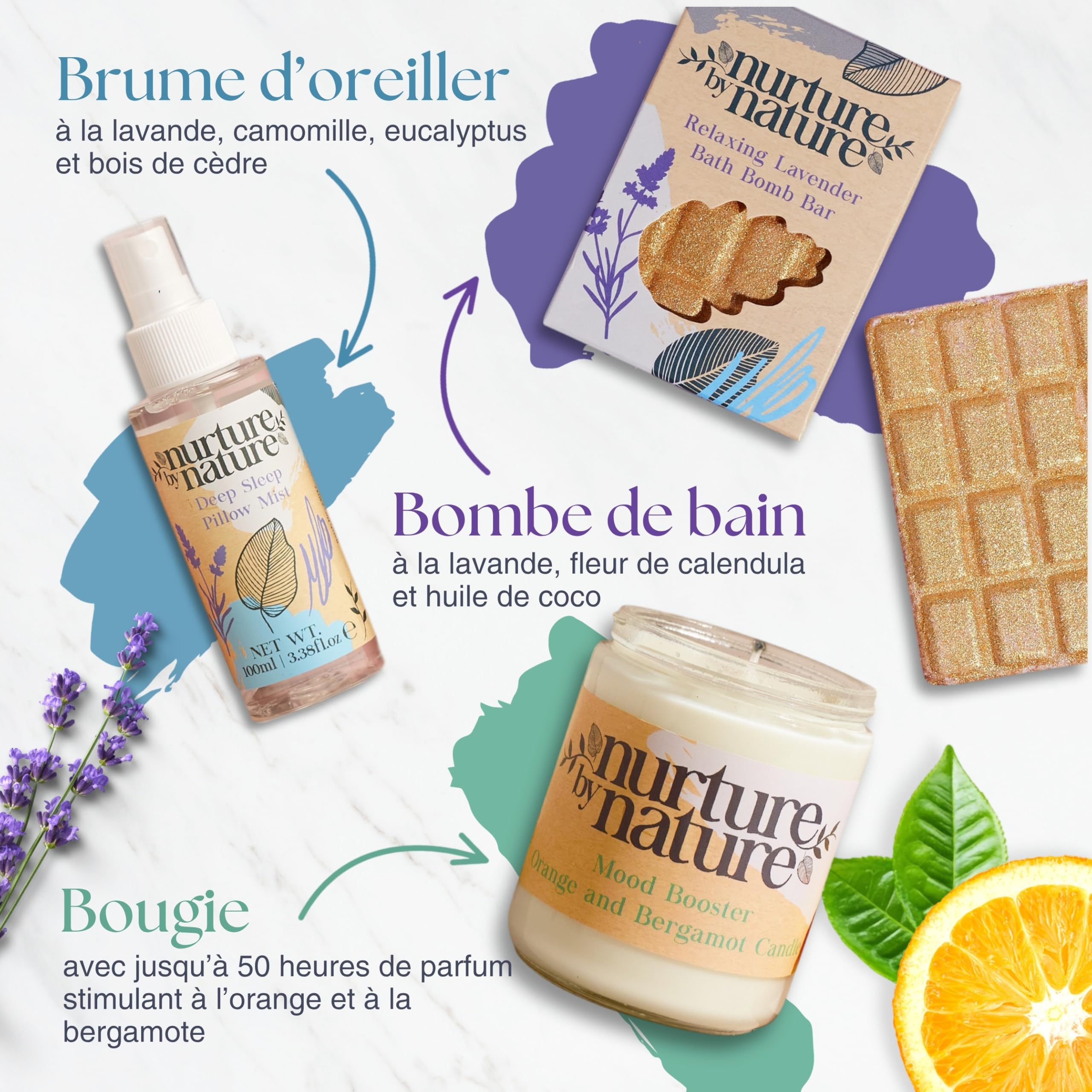 NURTURE BY NATURE Coffret Cadeau Bien-Être Femme Relaxant – 6 soins avec spray pour oreiller à la lavande, sel et boule de bain, bougie parfumée – idée cadeau femme, Saint-Valentin et Fête des Mères