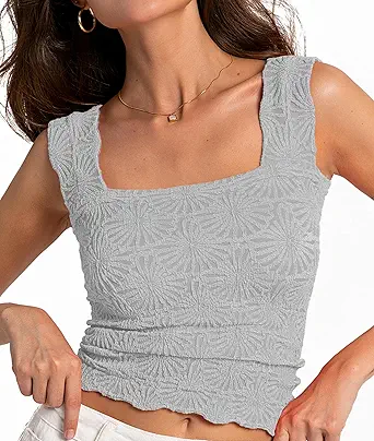 Women's Square Neck Wide Strap Crop Tank Tops Flower Going Out Tops Slim Fit Lettuce Trim Crop Cami Tops