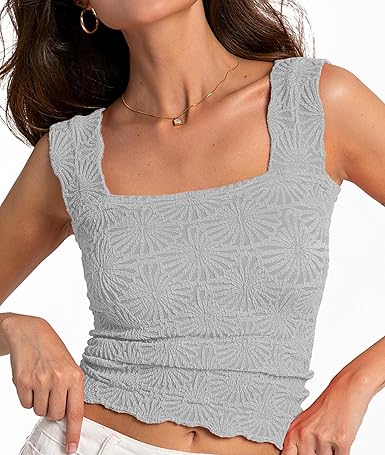 Women's Square Neck Wide Strap Crop Tank Tops Flower Going Out Tops Slim Fit Lettuce Trim Crop Cami Tops