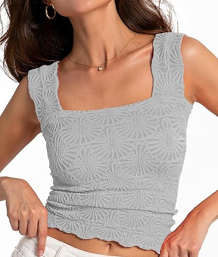 Women's Square Neck Wide Strap Crop Tank Tops Flower Going Out Tops Slim Fit Lettuce Trim Crop Cami Tops