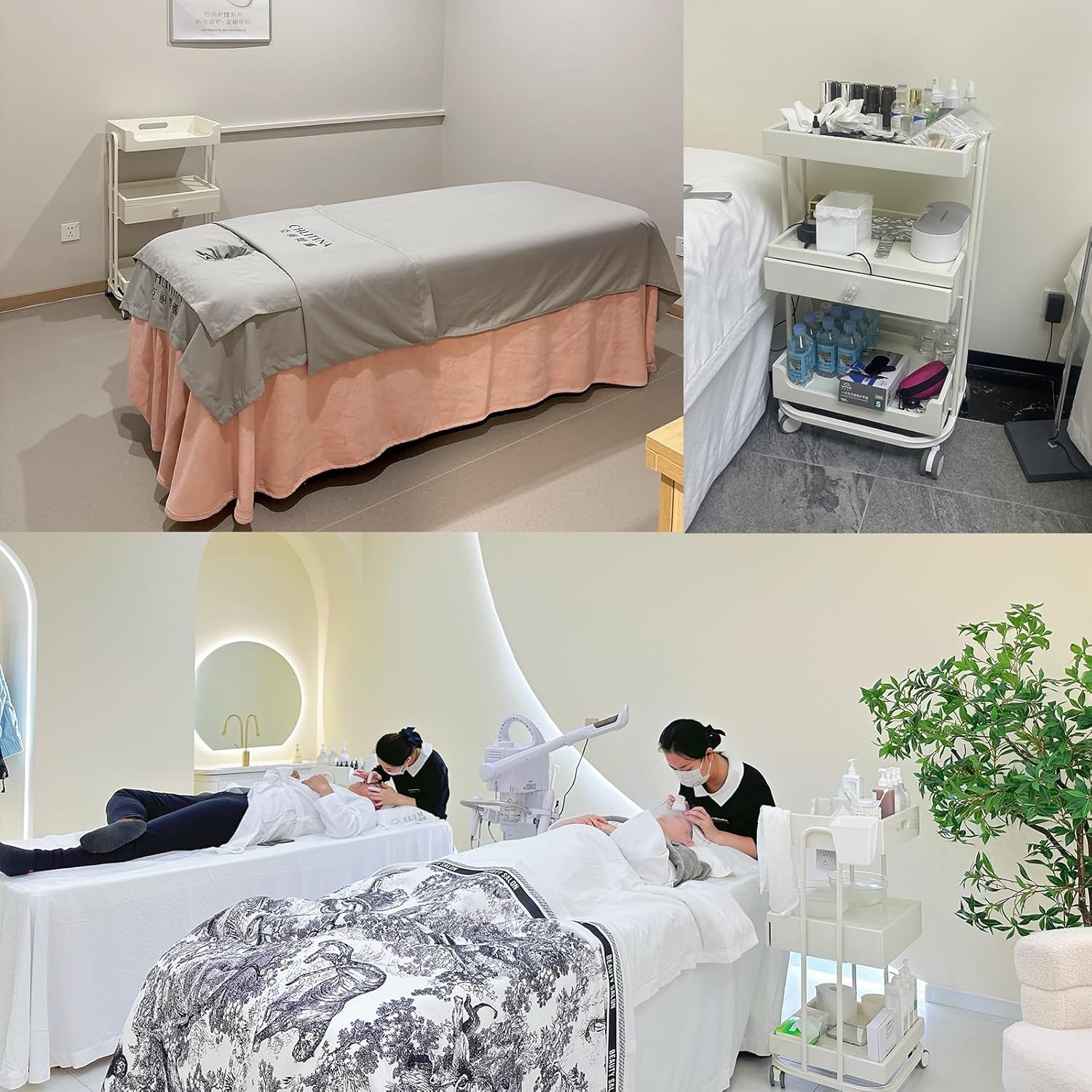 Trzypoziomowy wózek do salonu na kółkach z szufladami, metalowa rama i 4 kółka, stojak do przechowywania przyborów kosmetycznych do salonu i spa, profesjonalna kosmetyczka, biały