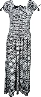 Womens Boho Maxi Dress On Off Shoulder Smocked Waist Rayon Gypsy Beach Summer Dresses Black