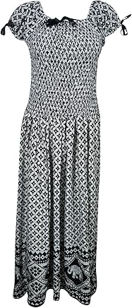 Womens Boho Maxi Dress On Off Shoulder Smocked Waist Rayon Gypsy Beach Summer Dresses Black