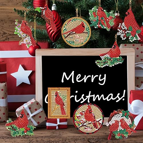 Miniatura 6 de Outus 24 llaveros de pintura de diamante de pájaros rojos de Navidad, arte de diamantes de pájaro rojo, arte de diamantes 5D, llaveros decorativos