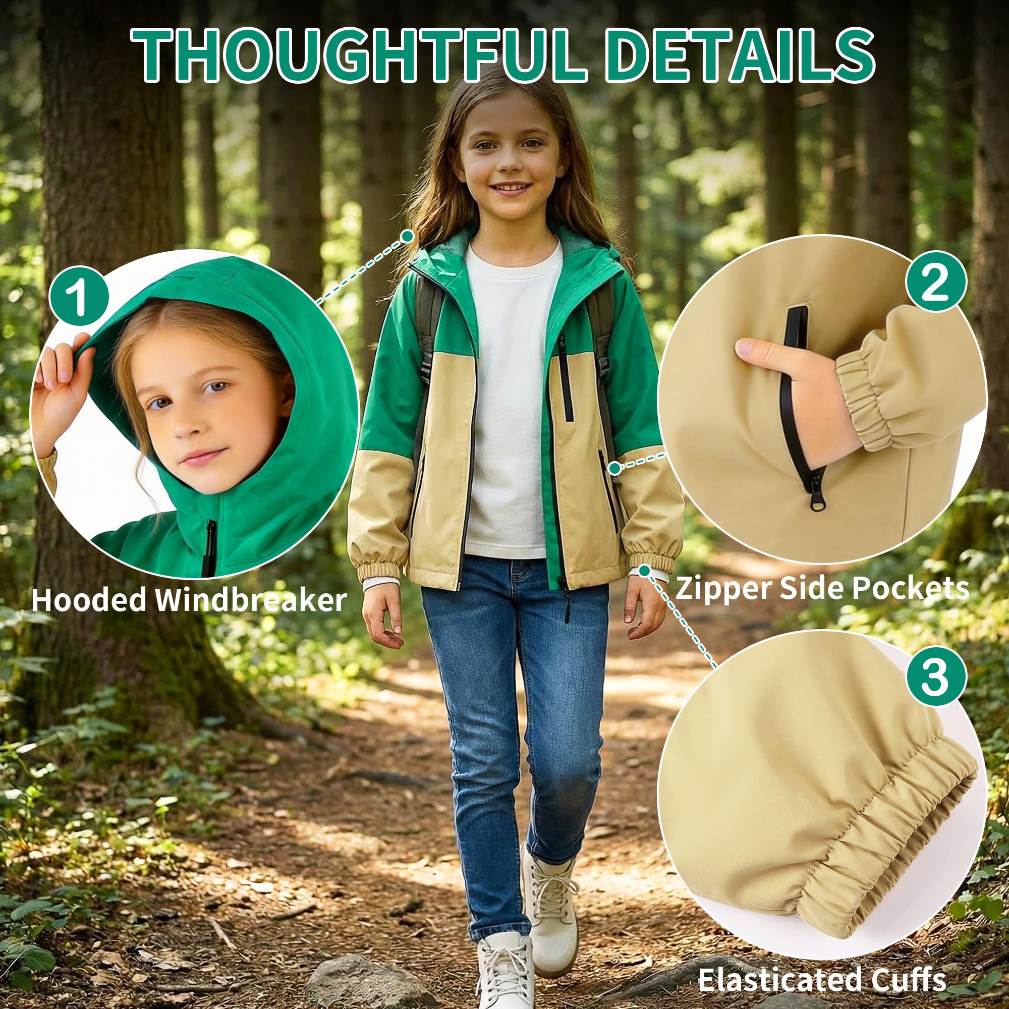 Chaqueta Impermeable Infantils, Chubasquero con Tiras Reflectantes y Bolsillos Cremallera, Ligero Cortavientos con Capucha, Ropa Abrigo Niñas Niños Exterior Escuela para Edad 5-13