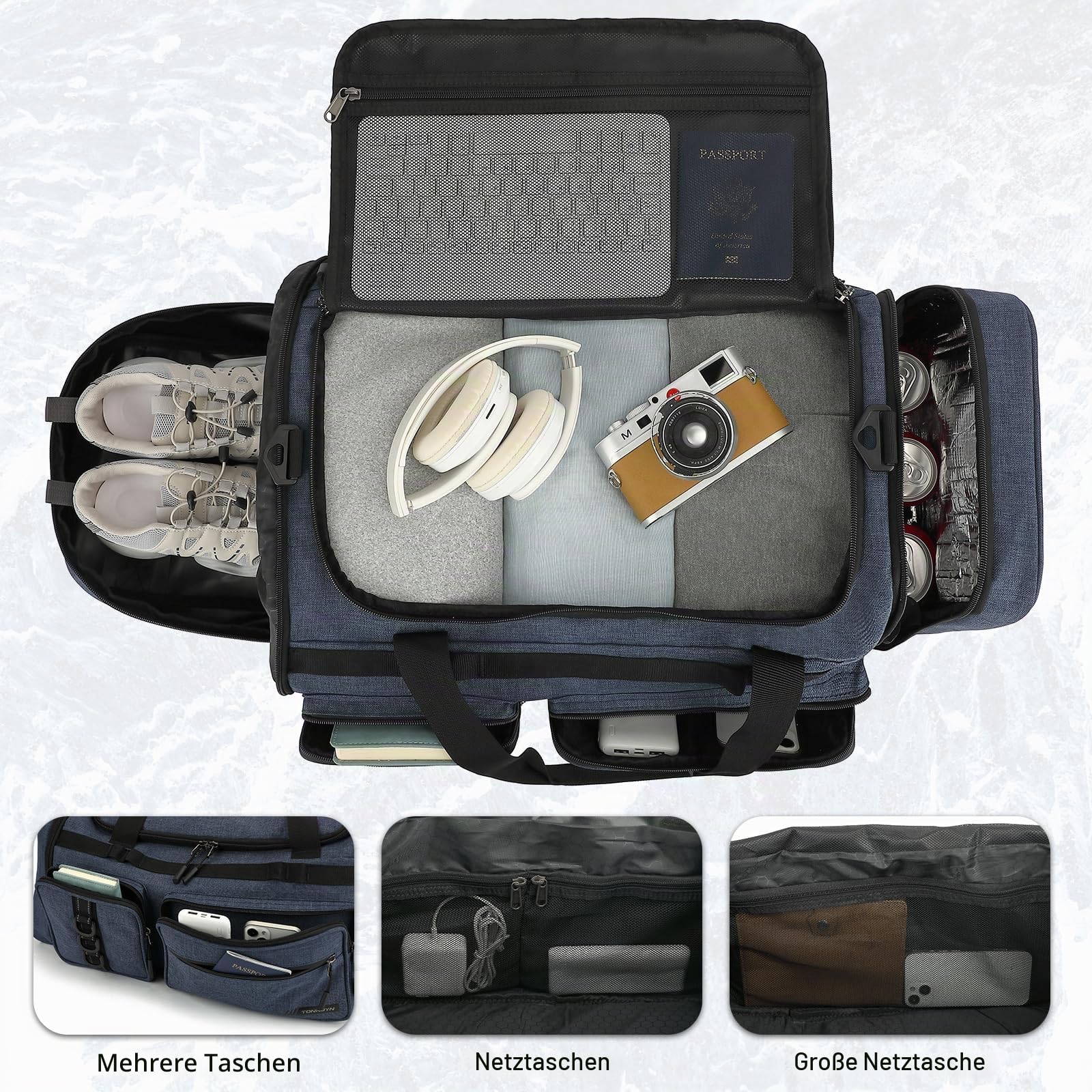 3 in 1 Reisetasche Herren 50L Große Sporttasche mit Schuhfach Nassfach Isoliertem Fach als Rucksack tragbar Weekender Duffel Bag für Reisen Fitness Schwimmen Sauna, Blau