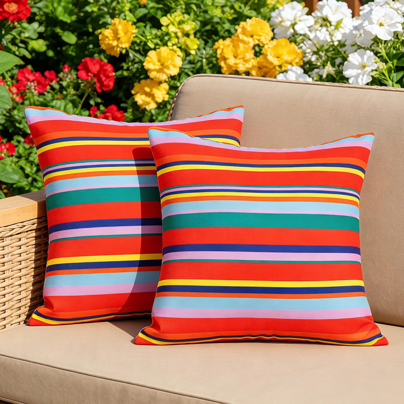 Eternal Beauty 20X20'' Set of 2 Outdoor Decorative Pillow Covers Waterproof Outdoor Pillow Covers for Spring Summer Patio Throw Pillows, Red Stripe,