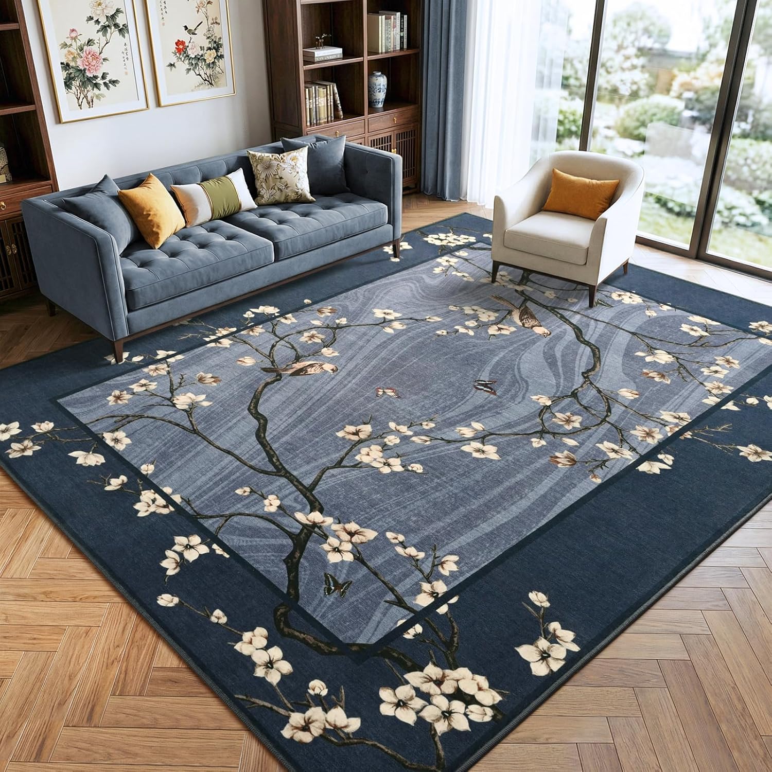 6x9 Area Rugs for Living Room Bedroom, Oriental Floral Birds Print Washable Rug, Soft Low Pile Non Slip Carpet for Dining Room Kids Room Farmhouse Office Home Decor, Blue