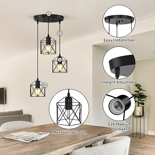 Miniatura 4 de Lámpara colgante de granja de 3 luces, lámpara de techo colgante industrial para isla de cocina, comedor y bar, lámpara de jaula ajustable negro