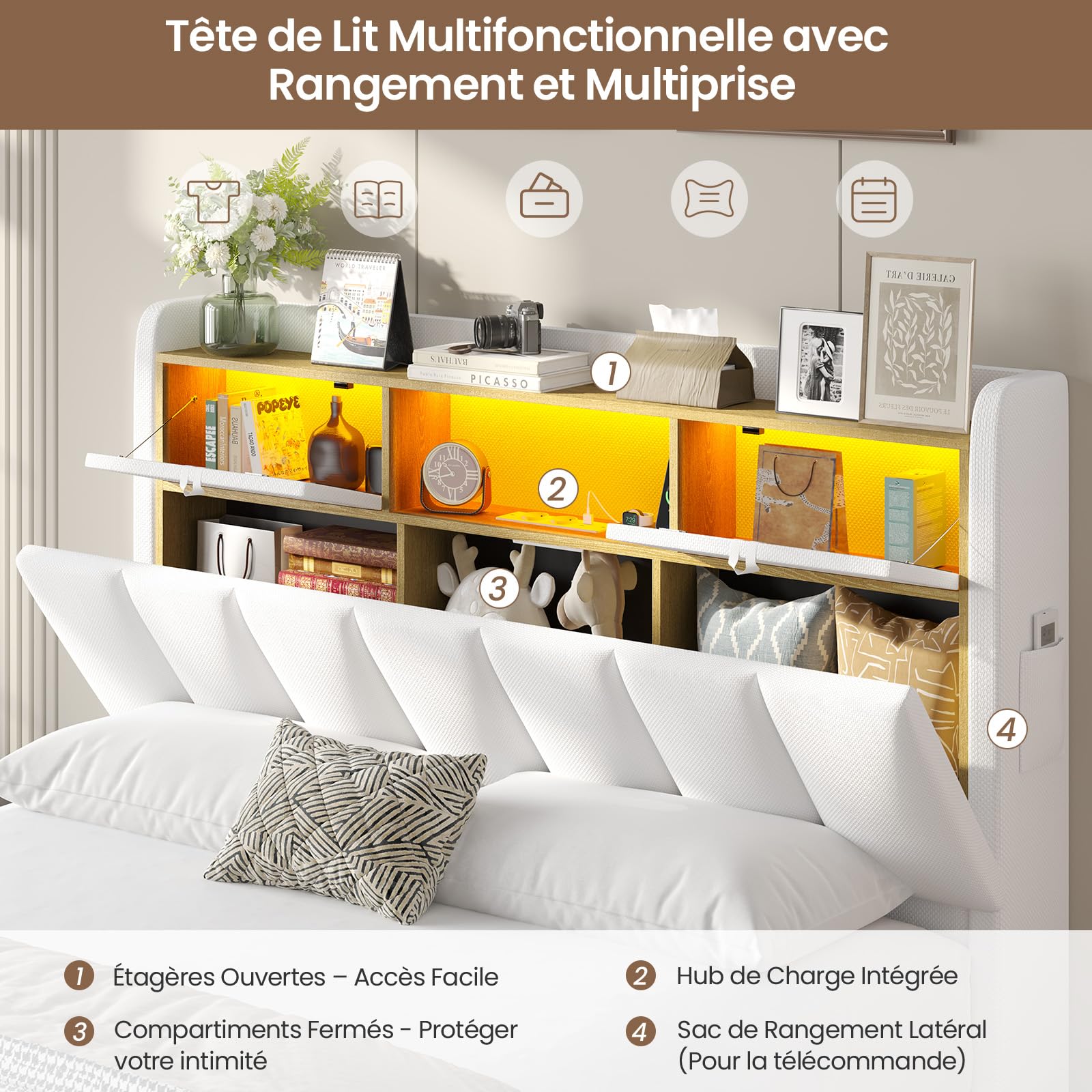 DICTAC Lit Coffre 140x190 Blanc avec Rangement – Lit Double à Levage Hydraulique, Éclairage LED, Prises USB/Type-C, Tête de lit Rembourrée avec Rangements – Sommier Inclus – pour Ado et Adulte, Blanc