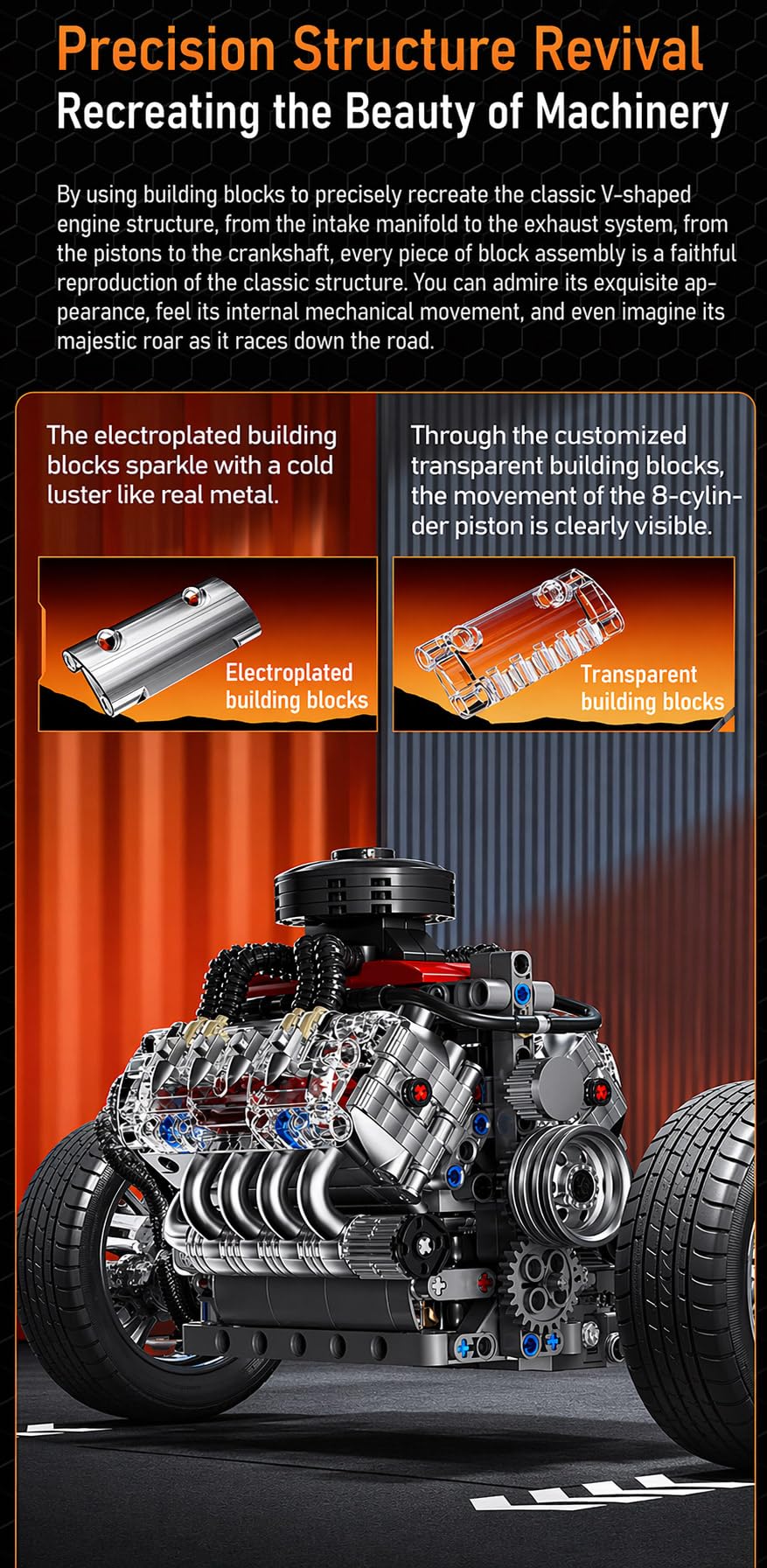 Sosuy V8 Juego de Bloques de construcción del Motor, Modelo de Motor de Funcionamiento, Juego mecánico de 487+PCS para exhibición en casa para coleccionistas, Juguetes Stem para niños, Regalo de