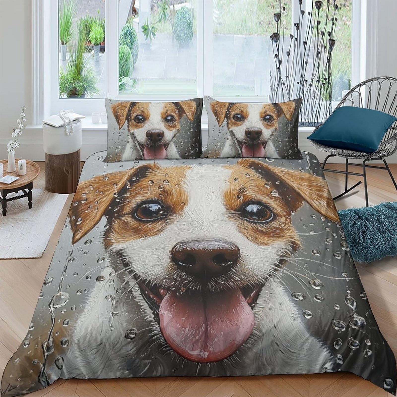 TUFRTGYHN 3D Printed Cute Dog Duvet Cover Microfiber Soft Breathable Jack Russell Bedding Set with 2 Pillowcases for Bedroom Home Decor Single（135x200cm）
