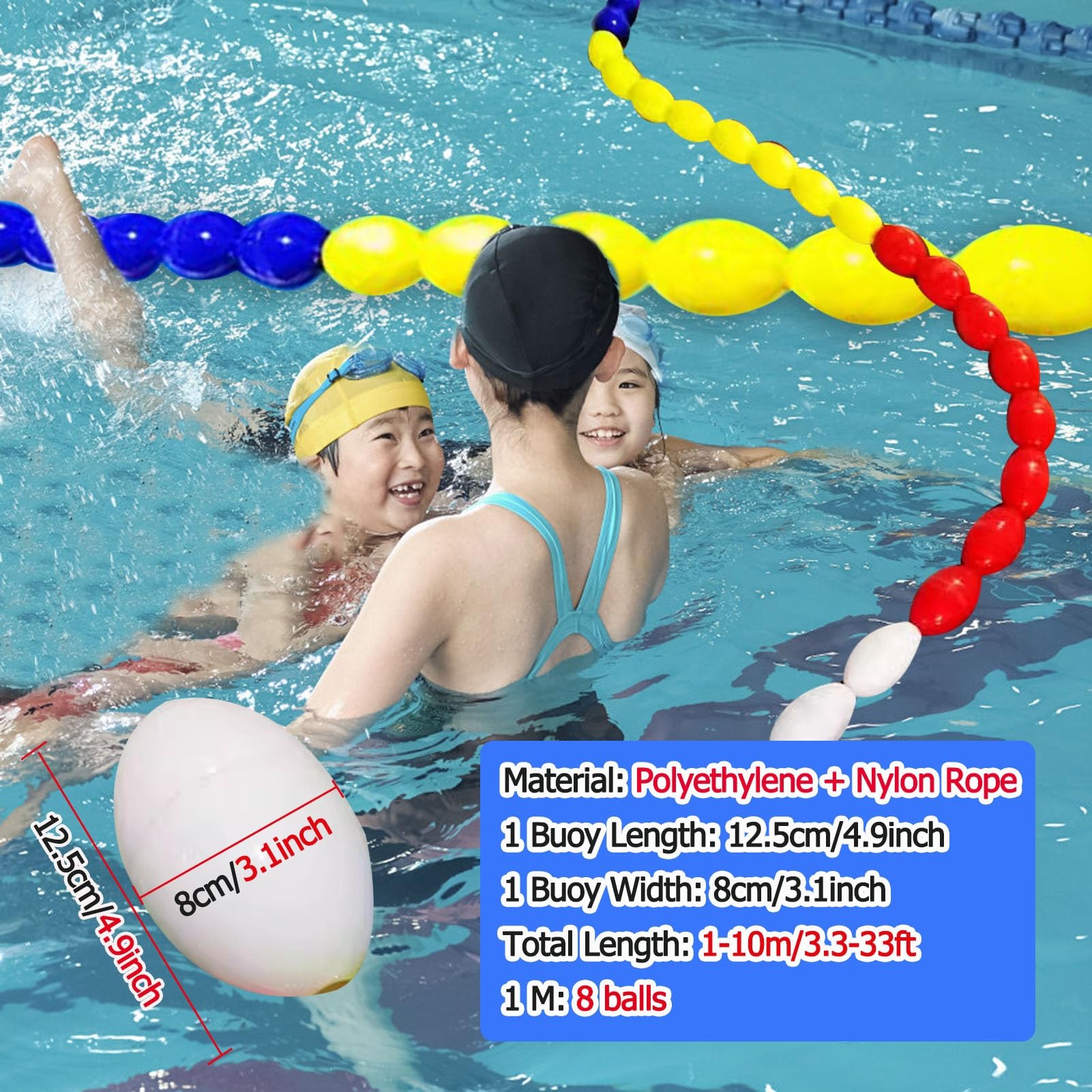 YXXSDP Safety Rope with Floating Buoys 2 4 6 8 10 M Long, Swimming Pool Professional Pre-Assembled Deep Shallow End Divider Line, Oval Lane Line Pool Equipment(Size:10m (33ft))