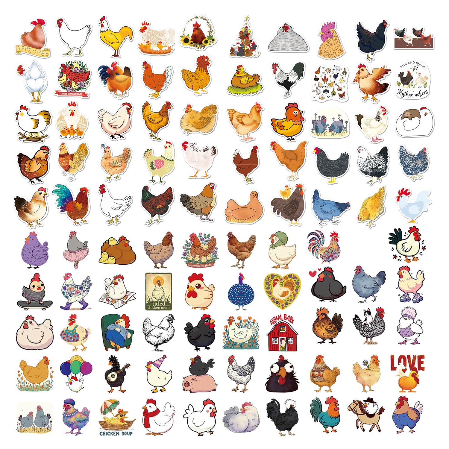 Ffdhwu Multicolor 100 Cartoon Chicken Stickers, Cute Animal Stickers, Children's Stickers, Can Be Used To Decorate Skateboards, Mobile Phones, And Luggage
