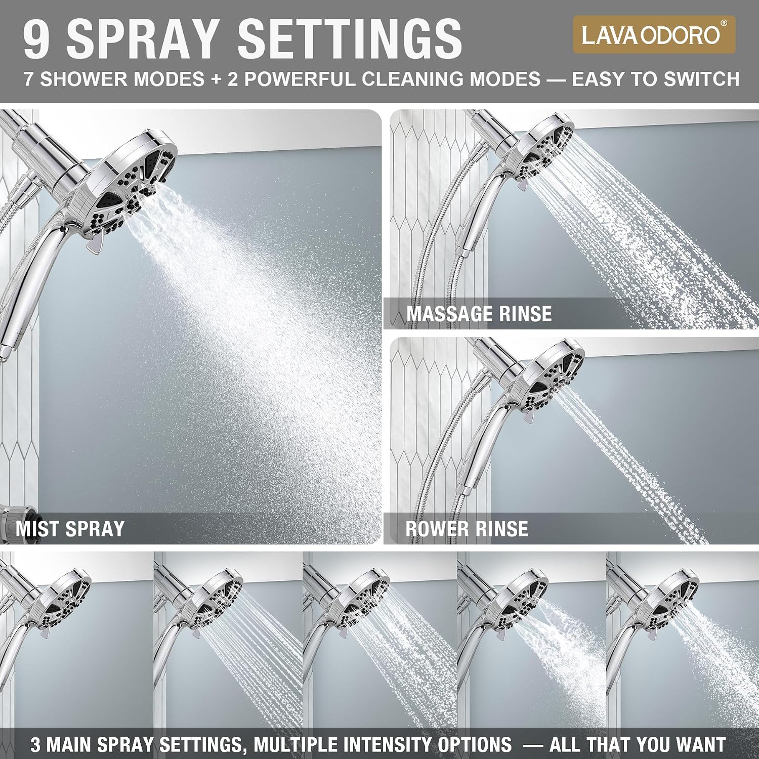Handheld Shower Head with Magnetic Docking System | 9-Function High Pressure Detachable Shower Head, 5-inch Showerhead with 72 Inch Hose, Remote Dock, Chrome, SH180-C-D