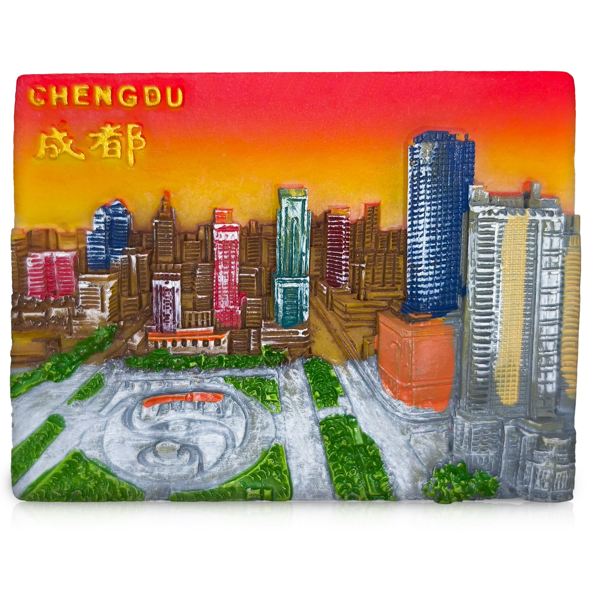 Chengdu China 3D Souvenir Fridge Magnet - Iconic City Skyline and Tianfu Square Design - Hand-Painted Resin Refrigerator Magnet - 7cm x 5.3cm