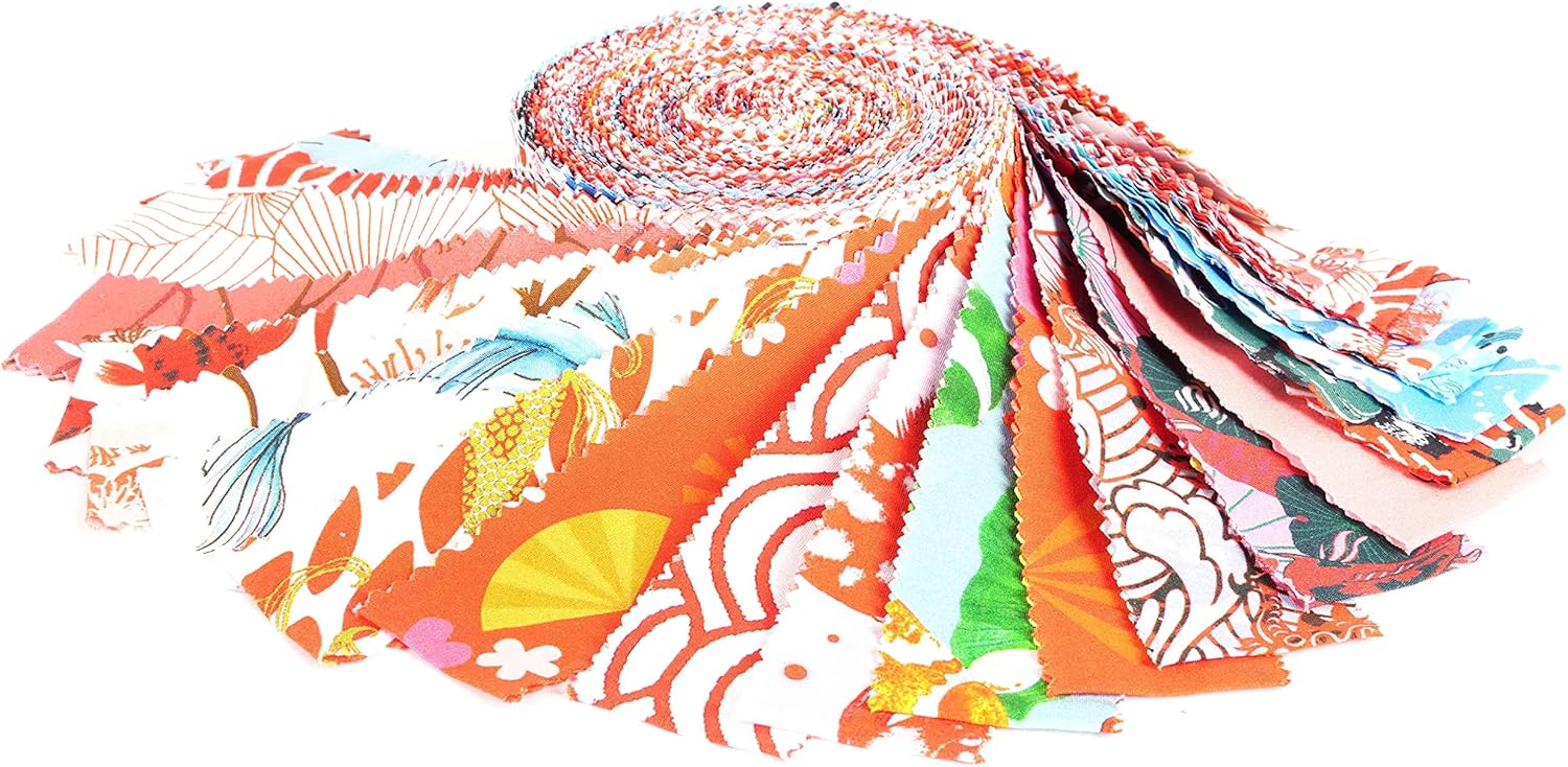 Soimoi 40Pcs Japanese Print Precut Fabrics Strips Roll Up 1.5 inches Cotton Jelly Rolls for Quilting - Red & Blue