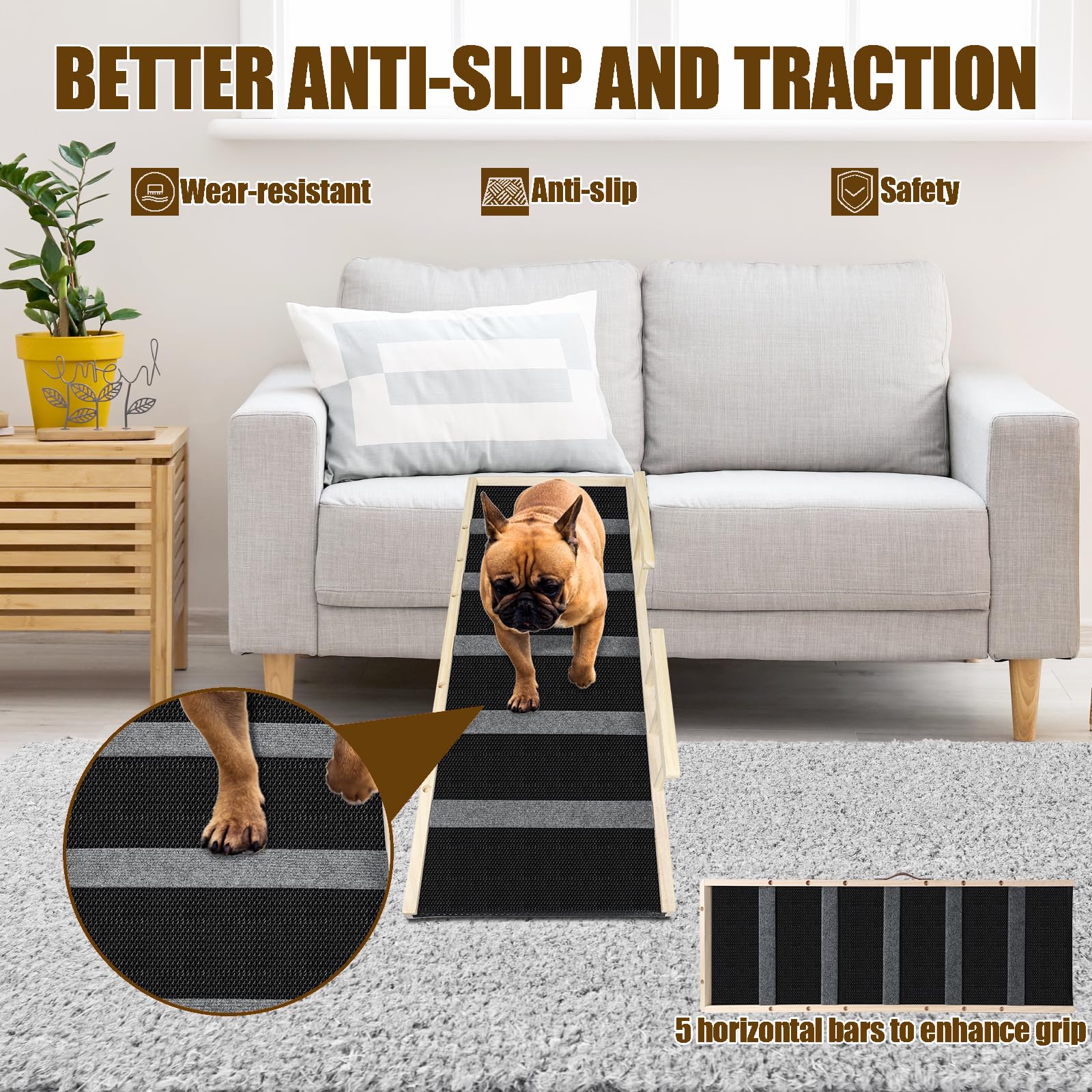 Rampa ajustable de madera para mascotas, para cama, sofá, coche, para perros pequeños y grandes, superficie de goma antideslizante, 110 cm de largo y ajustable de 30 cm a 60 cm, altura de