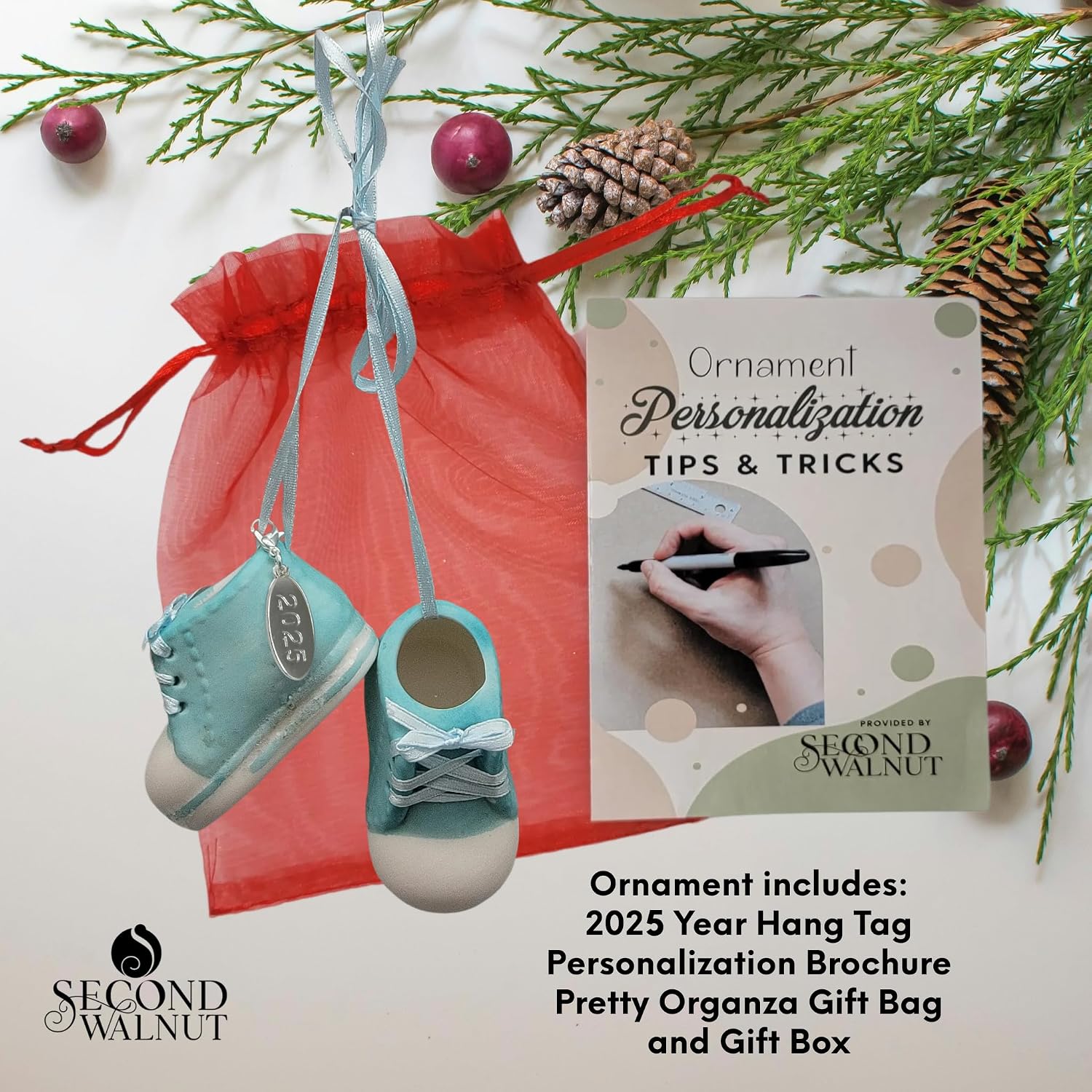 Babys First Christmas Ornament Baby Boy Booties - Blue Baby Shoe - Year Hang Tag - Can Be Personalized - Bag and Gift Box Included in Babys 1st Gift image 2