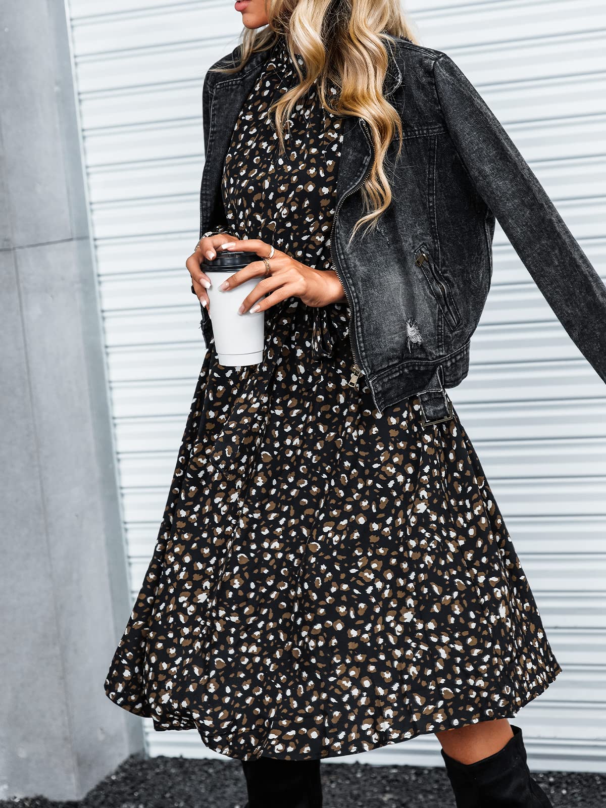 CUPSHE Robe midi pour femme - Coupe trapèze fluide - Imprimé moucheté - Manches longues - Col haut - Volants - Automne - Robe de cocktail décontractée