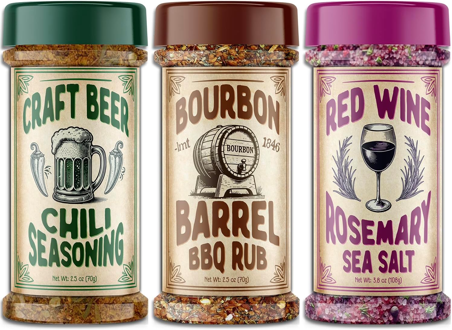 3 Grill Spices Gift Set - Bourbon Barrel BBQ Rub | Red Wine Rosemary Sea Salt | Craft Beer Chilli Seasoning - 2025 Stocking Stuffers For Men Adult Dad Gift Birthday Unique Fathers Day Valentines Him