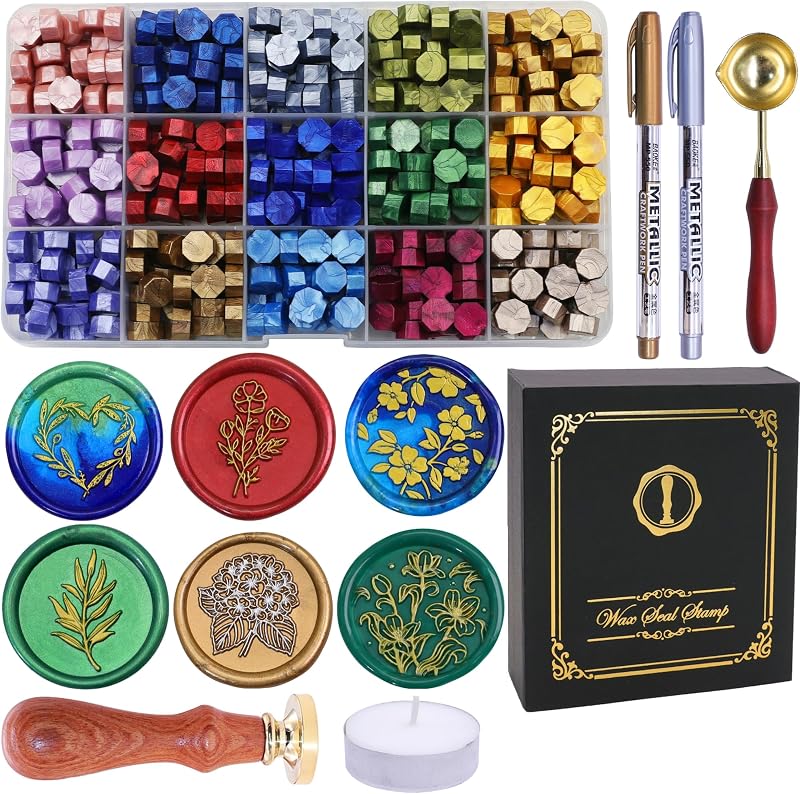 SWANGSA Kit de sellos de cera de flores botánicas con 450 cuentas de cera de sellado | El kit de sellado de cera incluye 2 bolígrafos y una cuchara para bodas, invitaciones, tarjetas, sobres y Navidad.