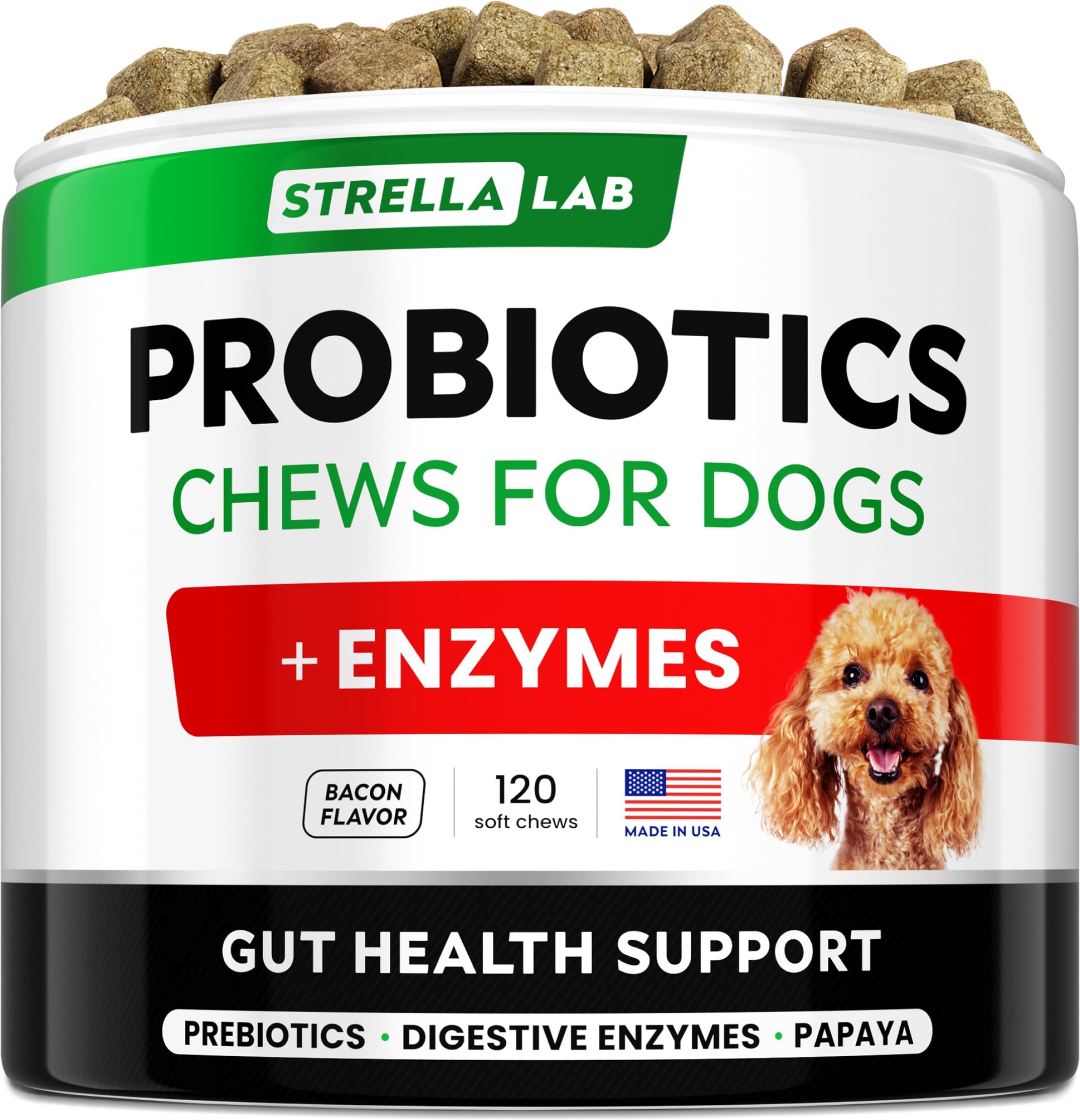 StrellaLab Dog Probiotics Treats for Picky Eaters - Digestive Enzymes + Prebiotics - Chewable Fiber Supplement - Allergy, Diarrhea, Gas, Constipation, Upset Stomach Relief - Improve Digestion&Immunity