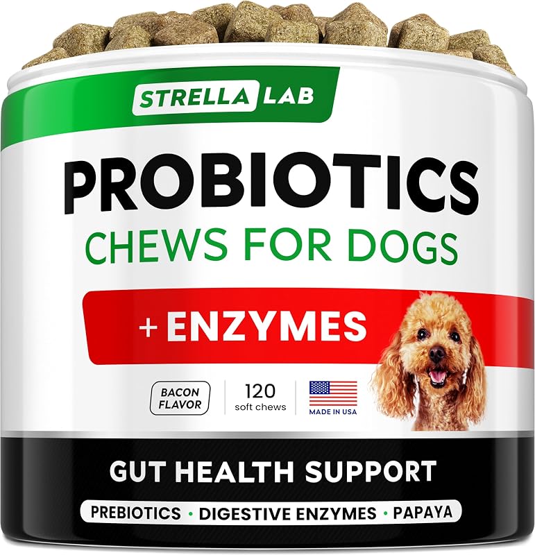 Suplemento probiótico mastigável para cães com enzimas, prebióticos e fibras STRELLALAB — 120 unidades, sabor bacon