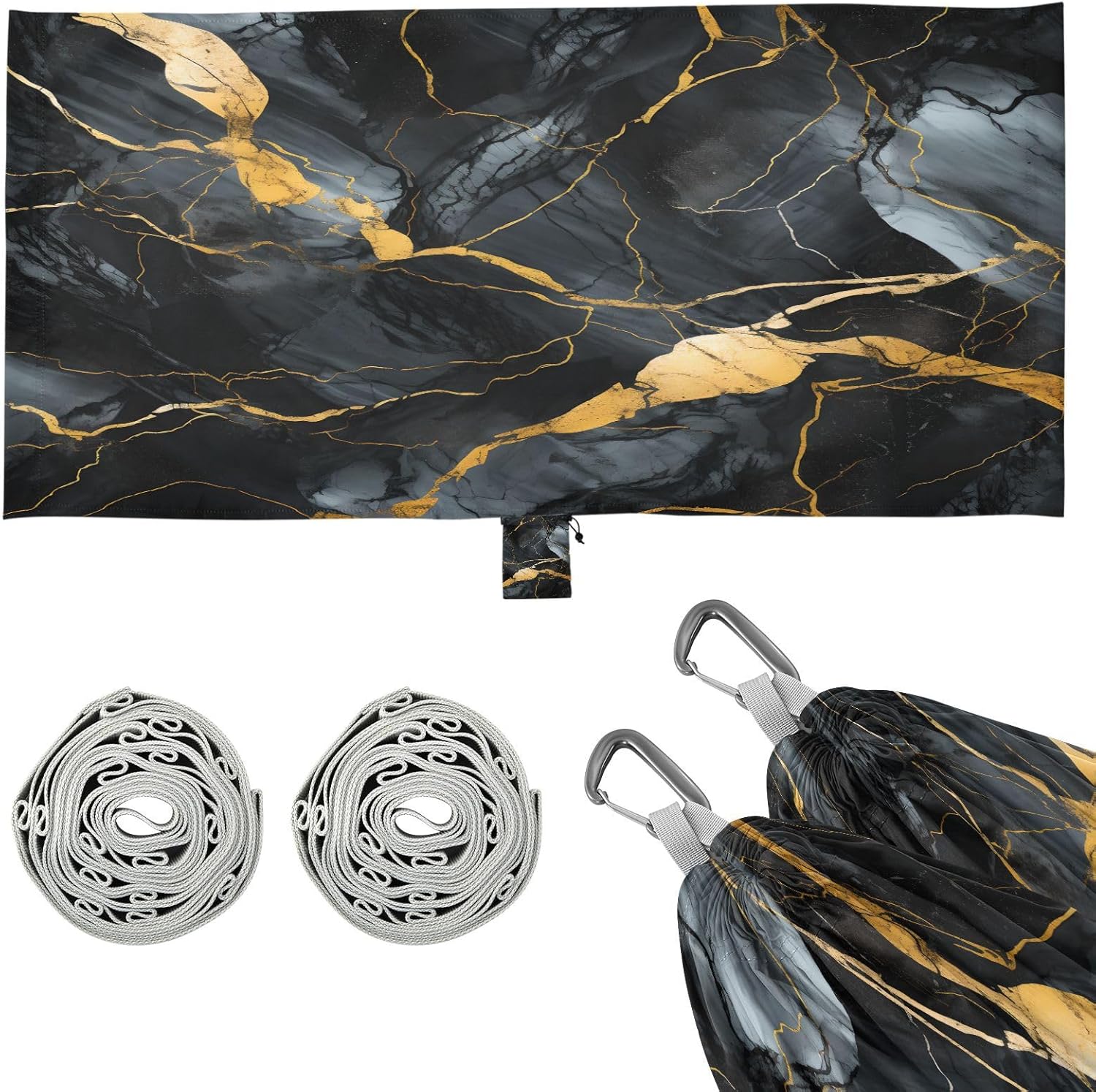 ALAZA Gold & Black Marble Camping Hammocks Single or 2 Person 500 lbs Portable Parachute Travel Hammock w/Tree Straps for Hiking Backpacking Indoor Outdoor