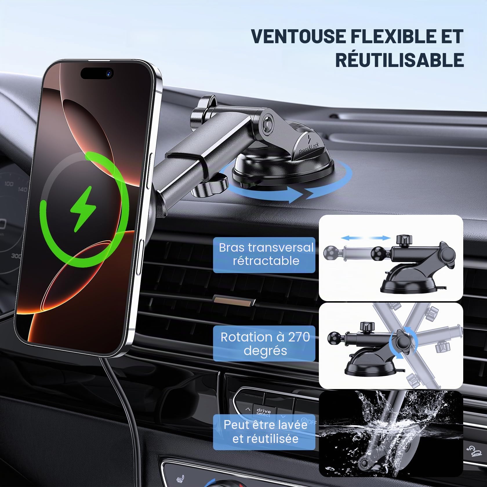 MOKPR 15w Support Téléphone Voiture pour Magsafe Induction Chargeur Support de Voiture Magnétique téléphone Portable Magnétique avec Fonction de Charge pour iPhone 17/16/15/14/13/12 (Noir)