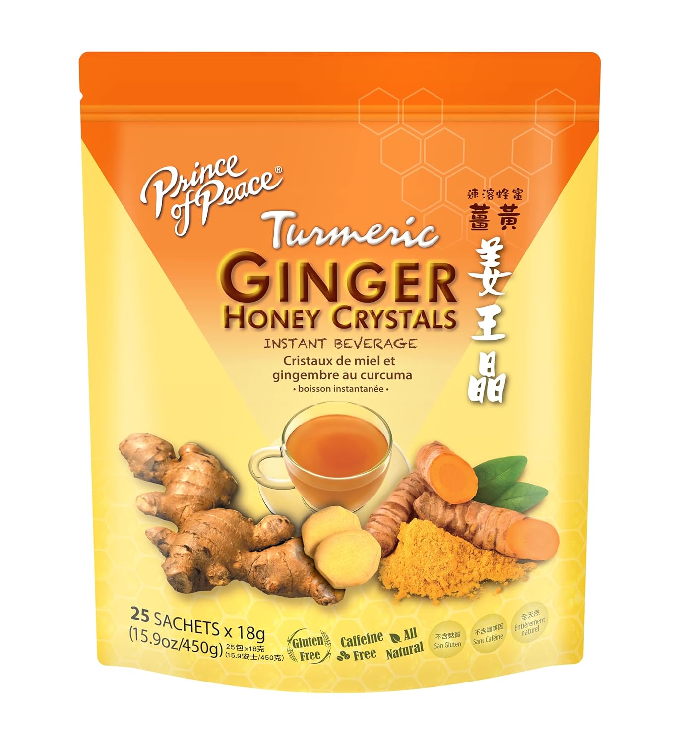 Prince of Peace Instant Ginger Honey Crystals w/Turmeric, 25 Sachets – Instant Hot or Cold Beverage – Easy to Brew Ginger and Honey Tea, Caffeine and Gluten Free