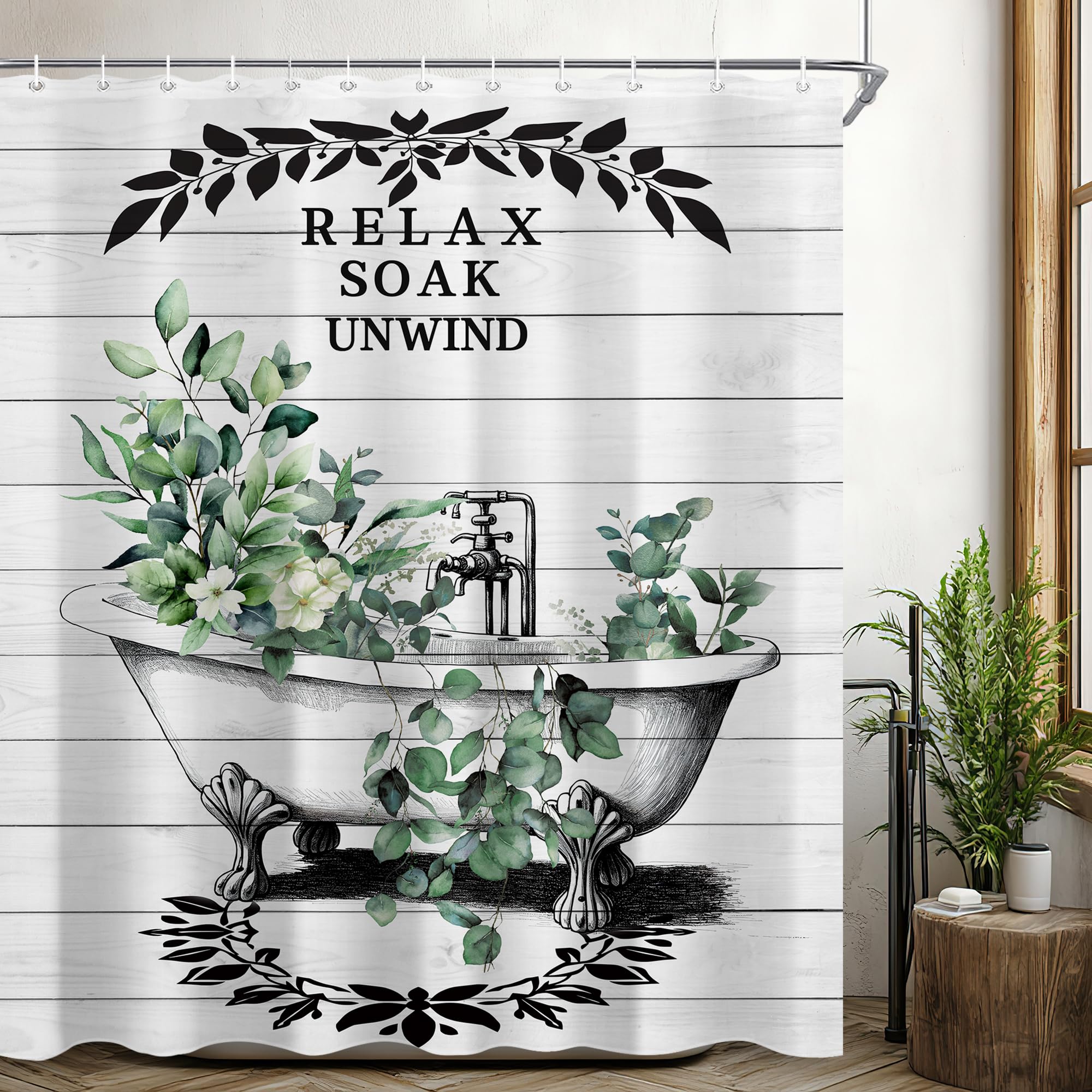 CINEKER Farmhouse Vintage Green Leaves Shower Curtain Sets for Bathroom 60Wx72H Retro Eucalyptus Branch Leaves Shower Curtain Wooden Rustic Polyester