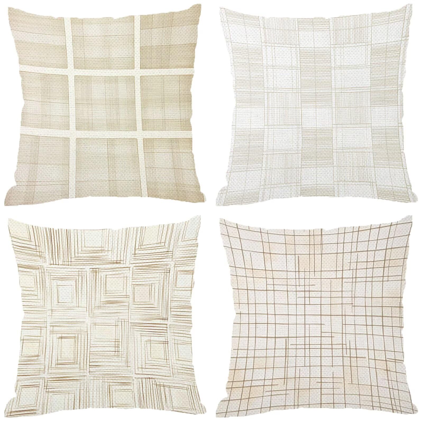 Creme Kissenbezug 65x65, Outdoor Kissen Gitter 4er Set Outdoor Zierkissenbezüge, Doppelseitig Drucken Wetterfest Leinen Kissen, mit Unsichtbarem Reißverschluss für Luxus Garten Terrassen Deko S-909