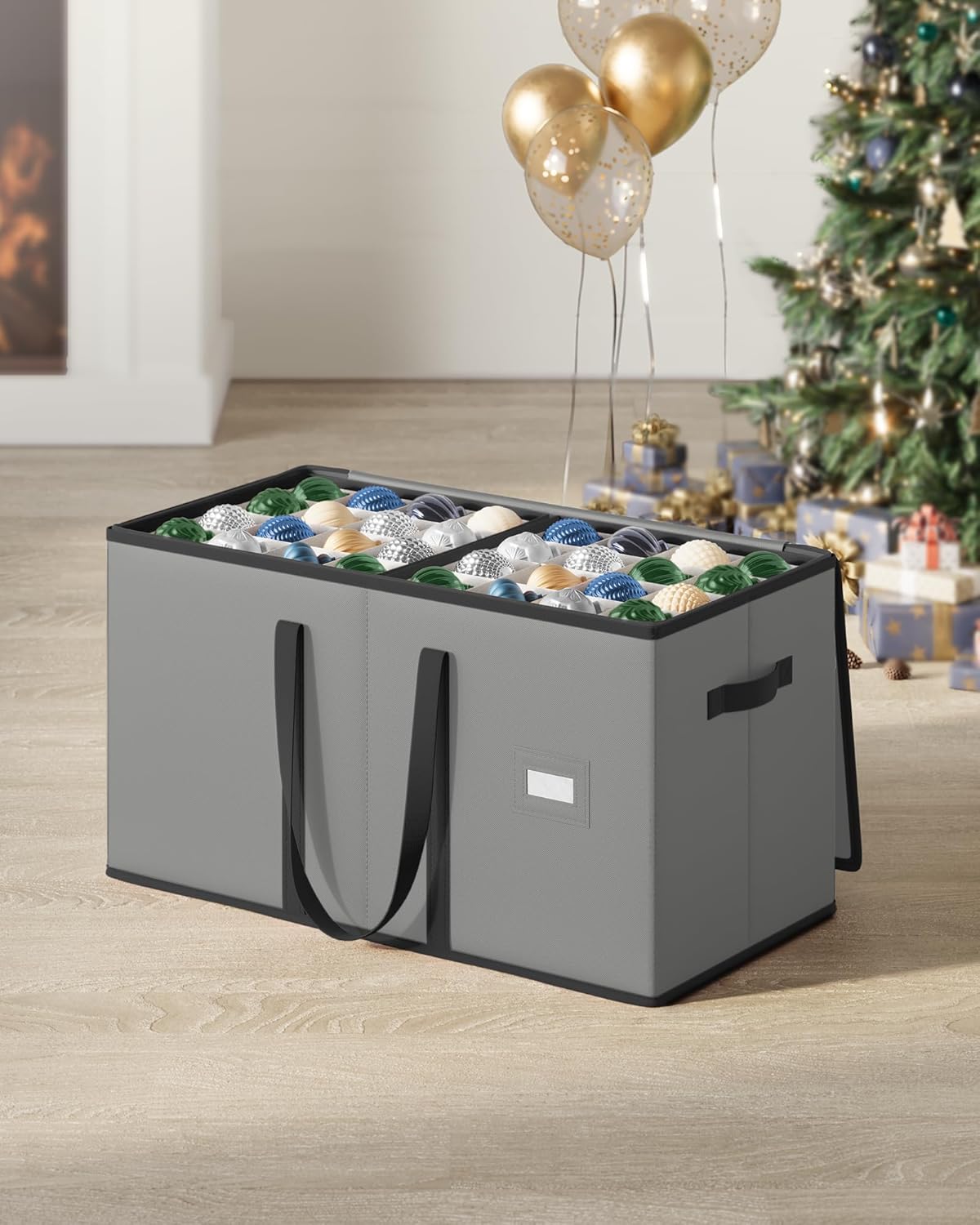 songmics christmas ornament storage box, dual zippers, stackable christmas storage container with lid, 8 trays, 600d oxford, 3-inch 128 slots, dove gray urfb035g01 dove gray 1 x 128 count