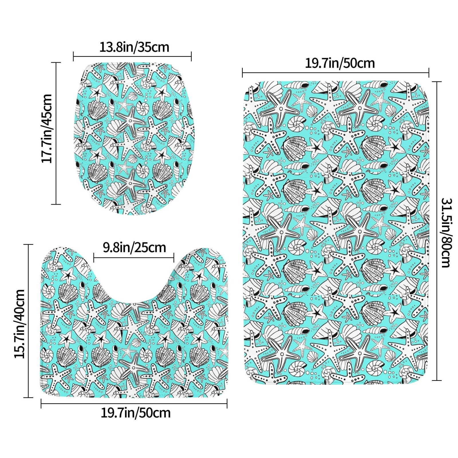 BREAUX Magnifique tapis de sol antidérapant imprimé étoiles de mer, tapis de bain antidérapant pour salle de bain, tapis de douche 3 pièces