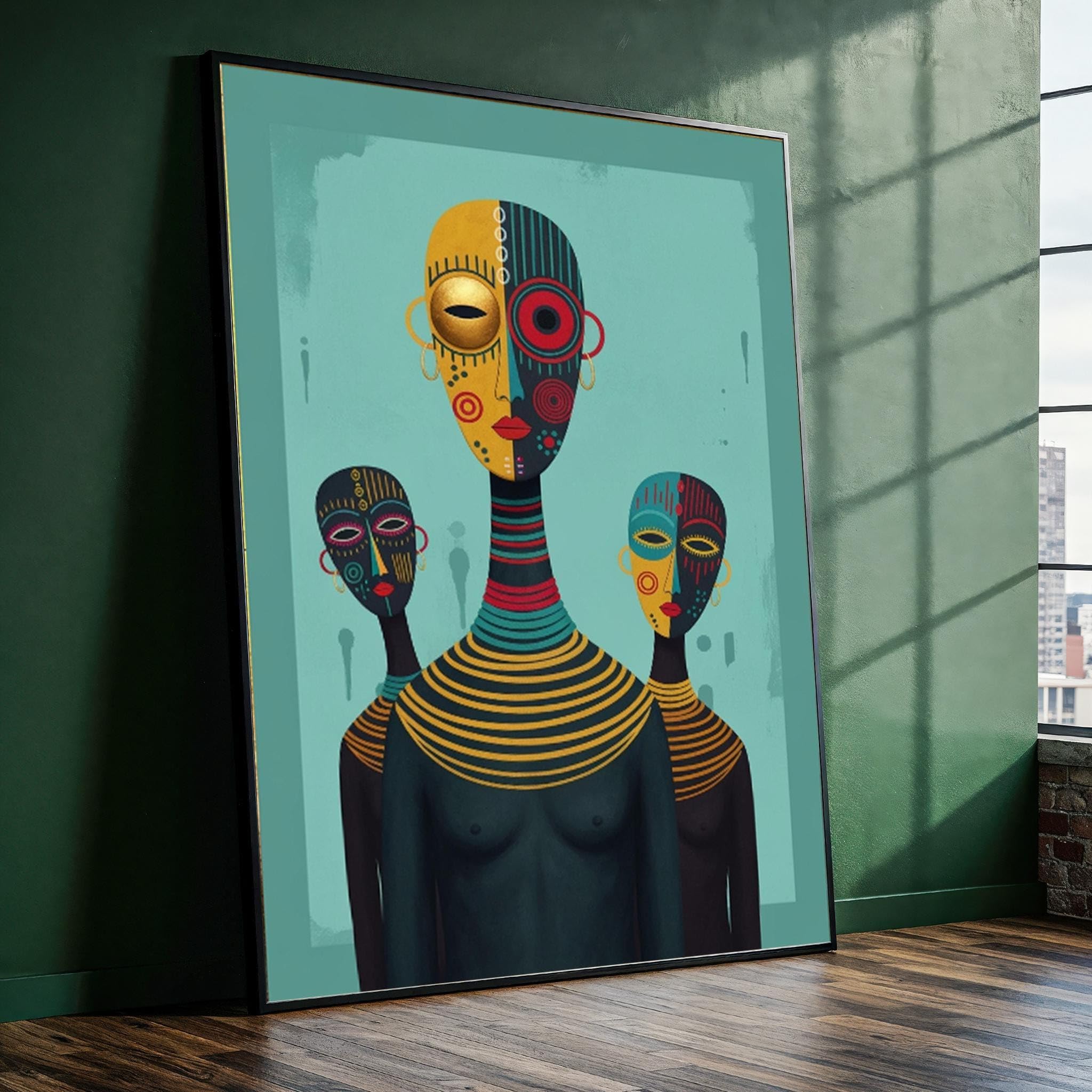 XINBAO Afrofuturystyczny obraz plemienny na płótnie, gotowy do powieszenia, sztuka ścienna do salonu, afrykański abstrakcyjny i obraz ścienny (50 x 75 cm, rama wewnętrzna)