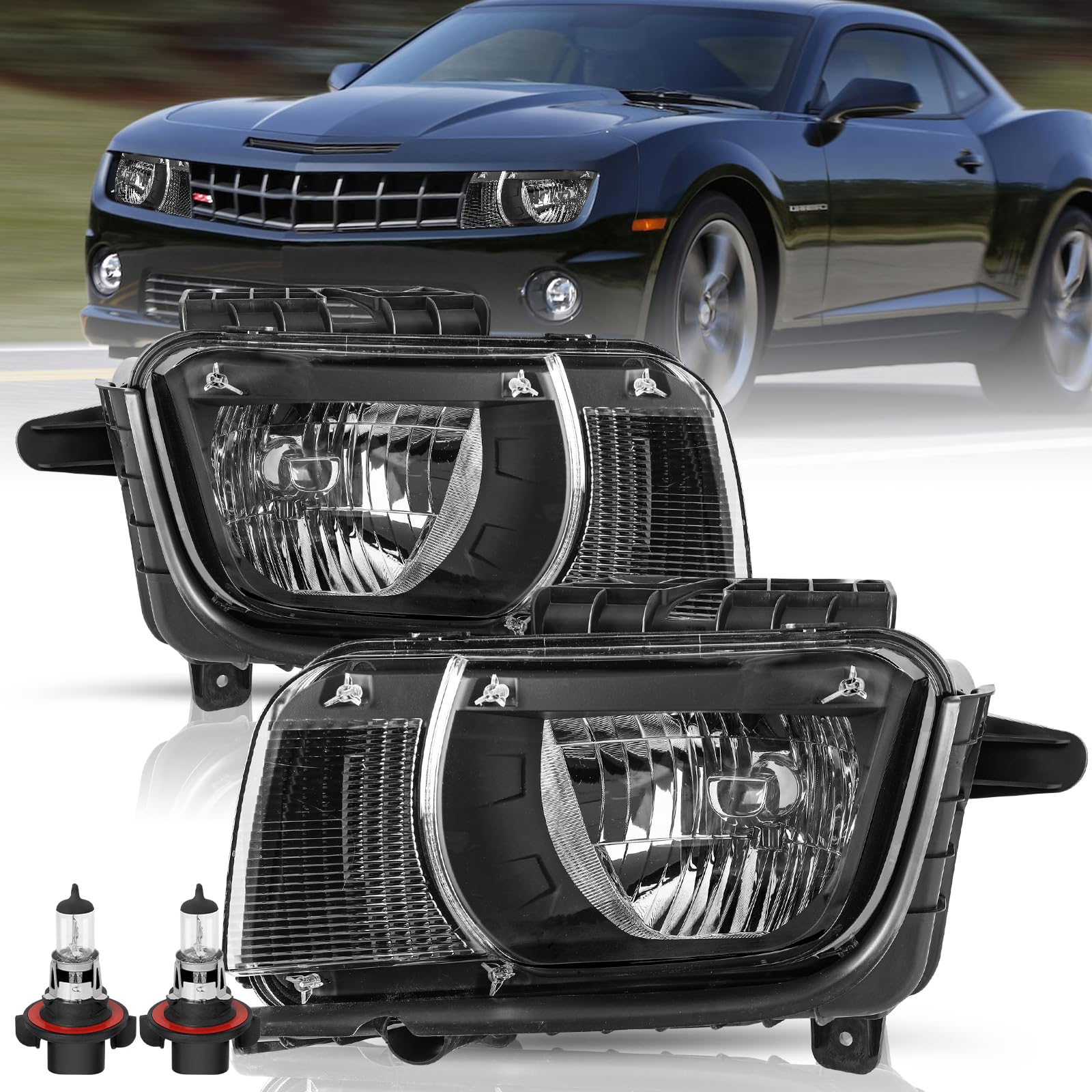 TUSDAR Fits for 2010 2011 2012 2013 Chevy Camaro Headlight Assembly Pair Set Halogen NON Projector Factory OE Style Replacement Black Housing & Clear