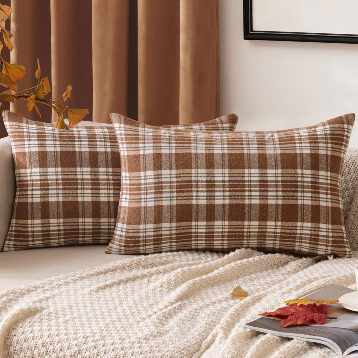 MIULEE Fall Plaid Pillow Covers Scottish Tartan 12x20 Brown | Set of 2 Fall Decorations Lumbar Cushion Covers, Farmhouse Winter Home Decor, for Thanksgiving Sofa Couch Bed Living Room