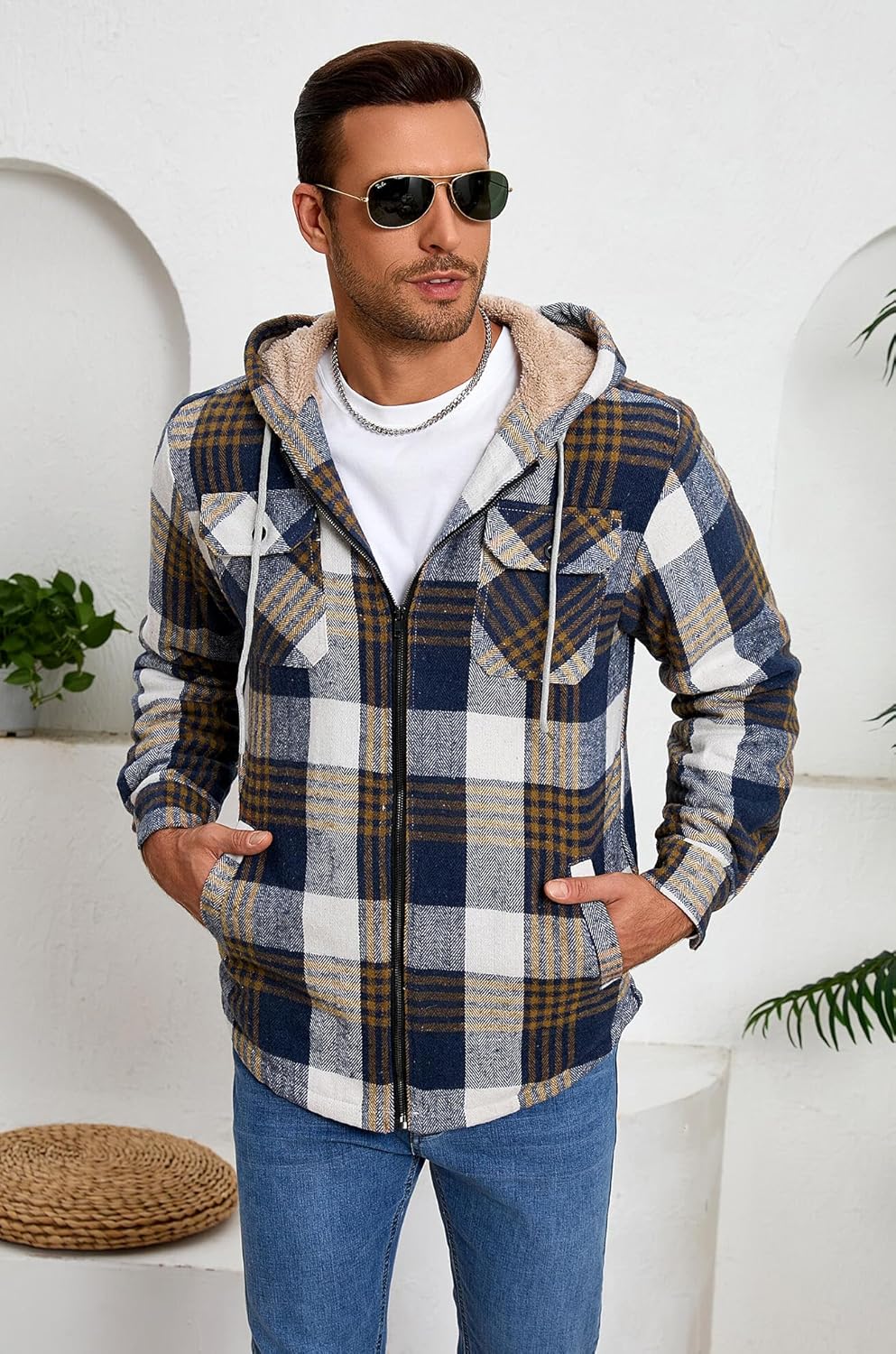 Men's Zip Up Flannel Shirt Jacket Fleece Lined Long Sleeve Plaid Coat Heavyweight Hoodie with Hood - Image 5