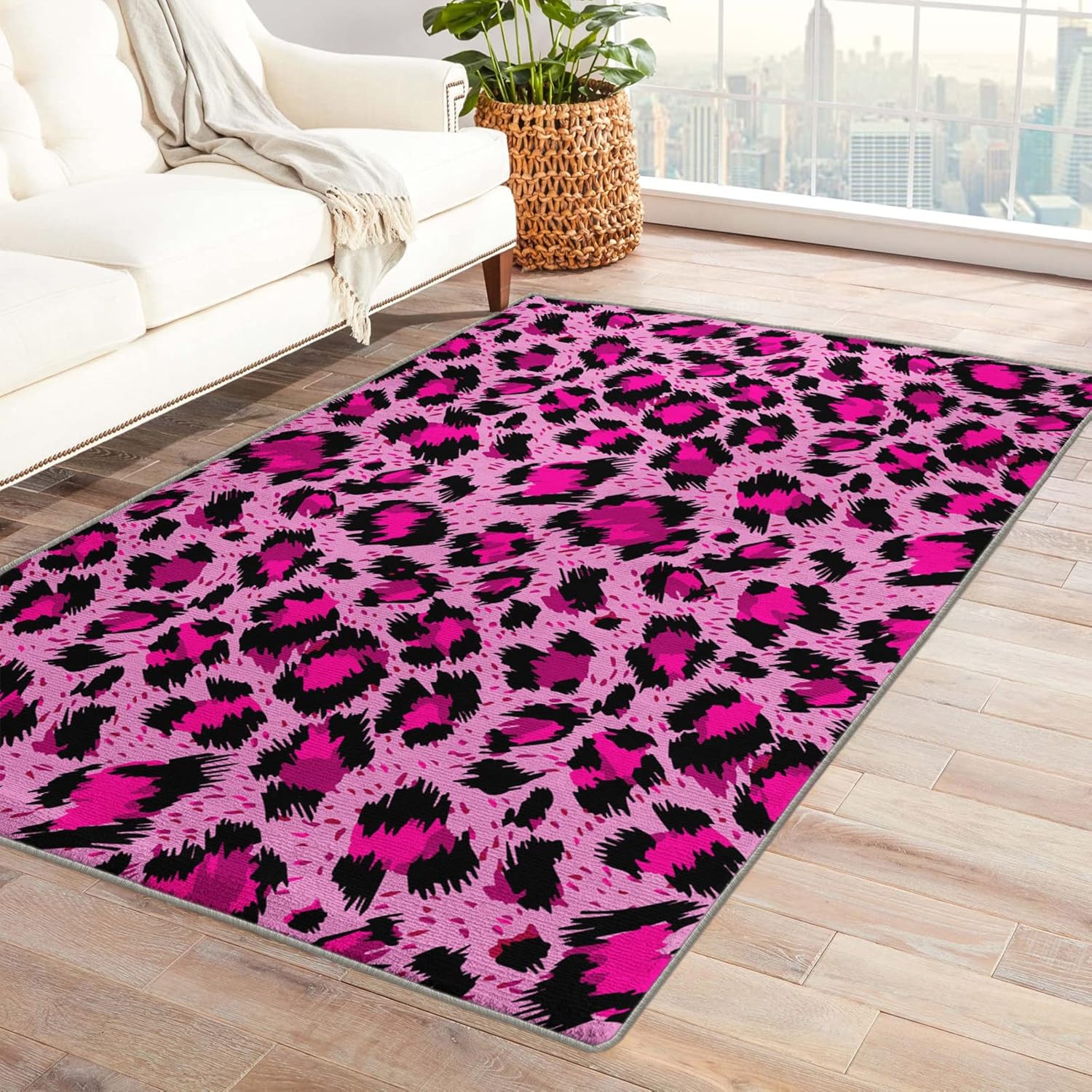 Leopard Print Area Rug 4x5, Hot Pink Area Rugs for Bedroom