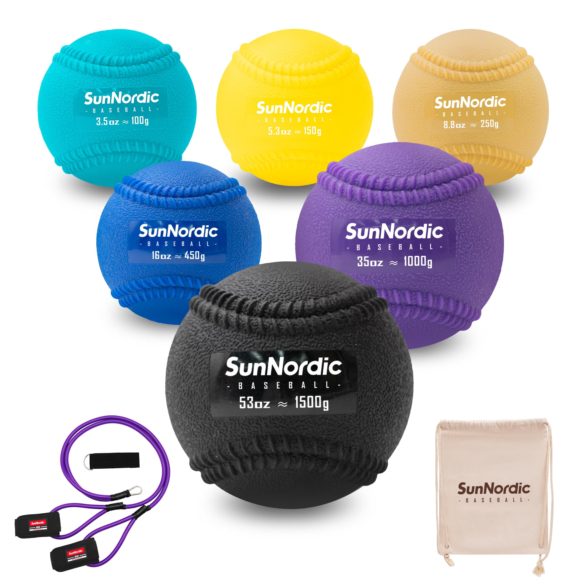 SunNordic 6/9 Pack Plyometric Weighted Baseball Set (3.5-16/35/53/70OZ) with 25/35/50LB Resistance Arm Care Band for Pitching, Batting Practice, Soft Shell Training Softball Ball for All Skill Level