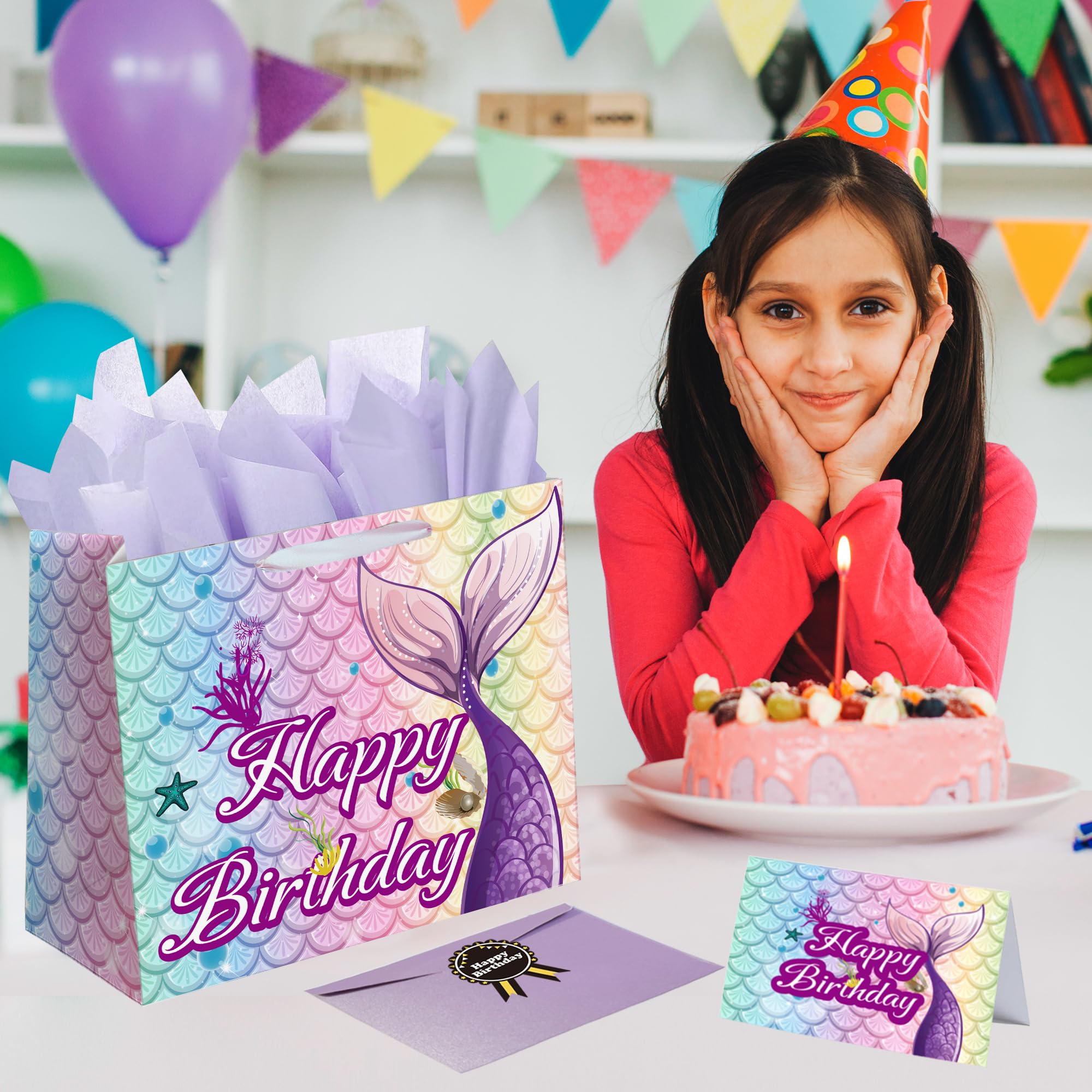 Sumerk 13" Mermaid Birthday Gift Bag with Tissue Papers and Greeting Card, Envelope and Stickers - Pink Purple Gifts Wrapping Bag for Birthday
