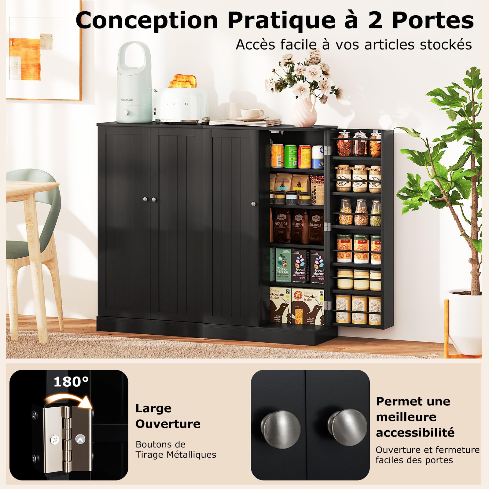 COSTWAY Armoire de Cuisine 2 Portes avec 16 Étagères, Meuble Cuisine Rangement avec Dispositif Anti-Renversement, Buffet pour Salle à Manger, Salon, Noir