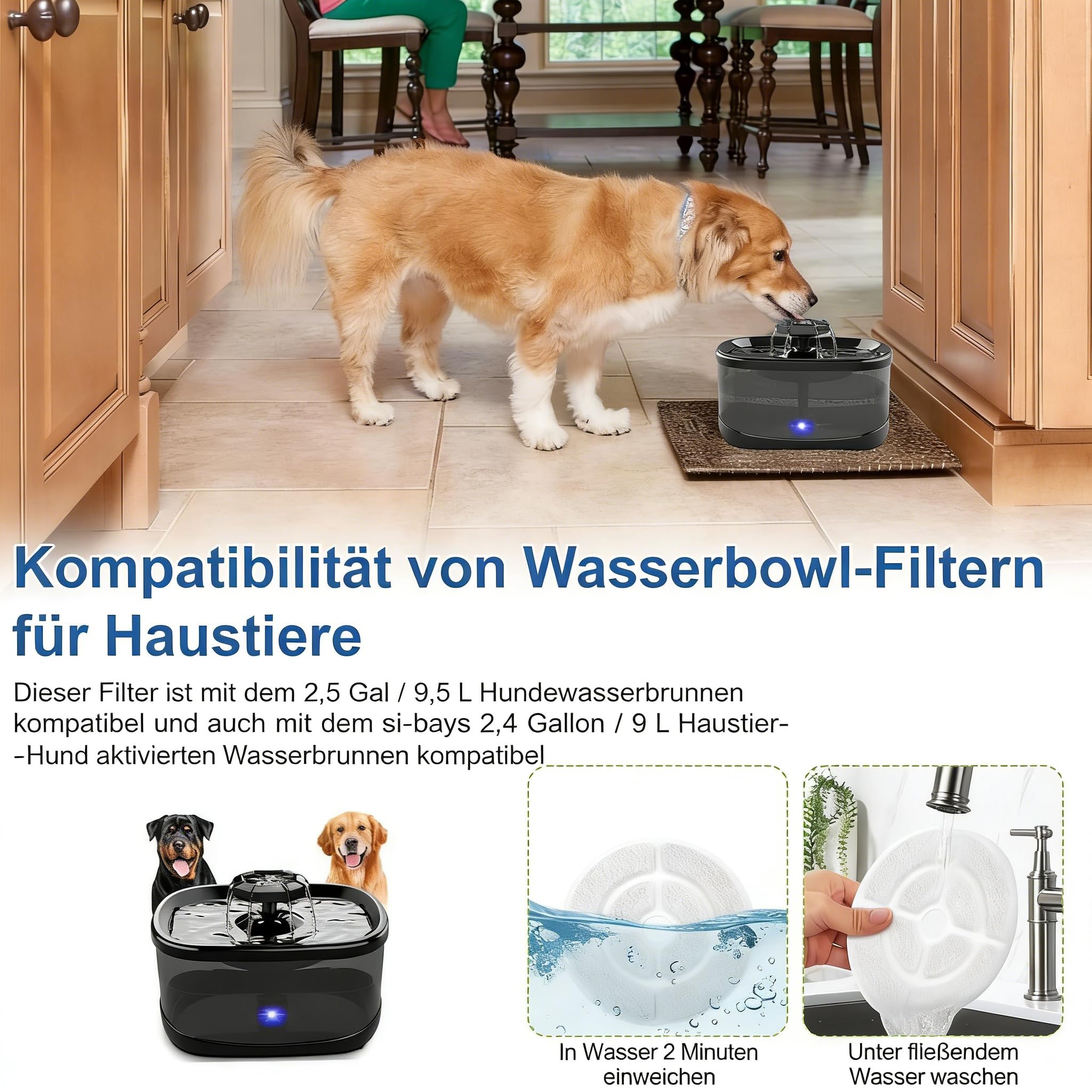 17,8 cm Hunde-Wasserbrunnenfilter, Dreifach-Filtrationssystem, Haustier-Hundebrunnen-Filterersatz, 18 cm große Filter für Sibays 9,5 l Hundenapffilter (6 Filter + 6 Schwämme)