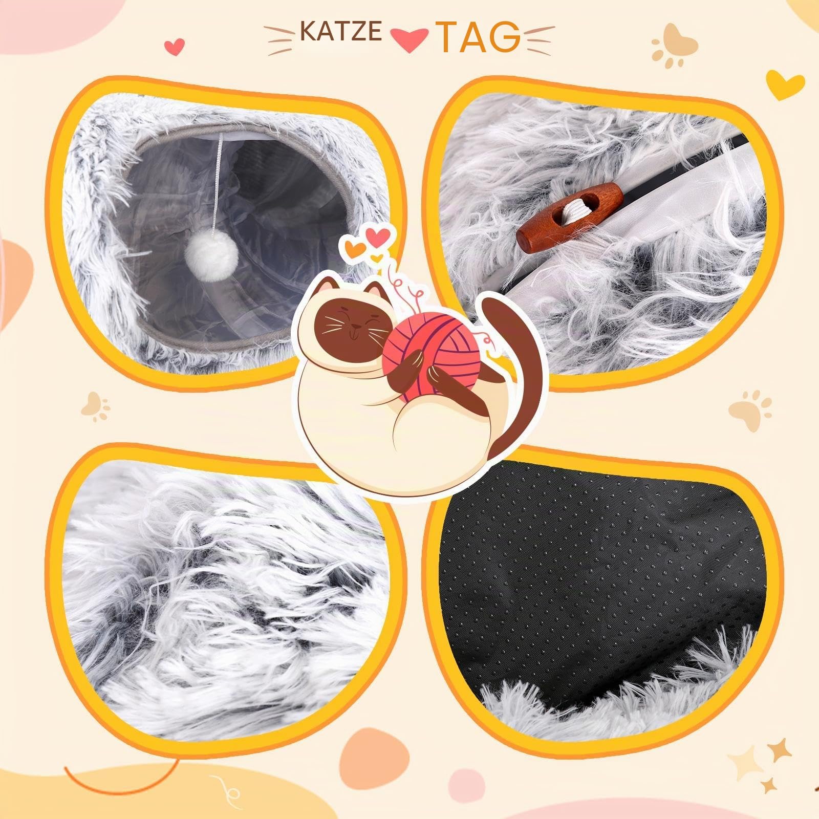 Baoblaze Plüsch Katzentunnel mit Schlafplatz, Katzen Spieltunnel 3 in 1, Ultra weiche Runde Donut Form mit Spiel, Cat Tunnel Bed, Rascheltunnel Für Katzen, GRAU