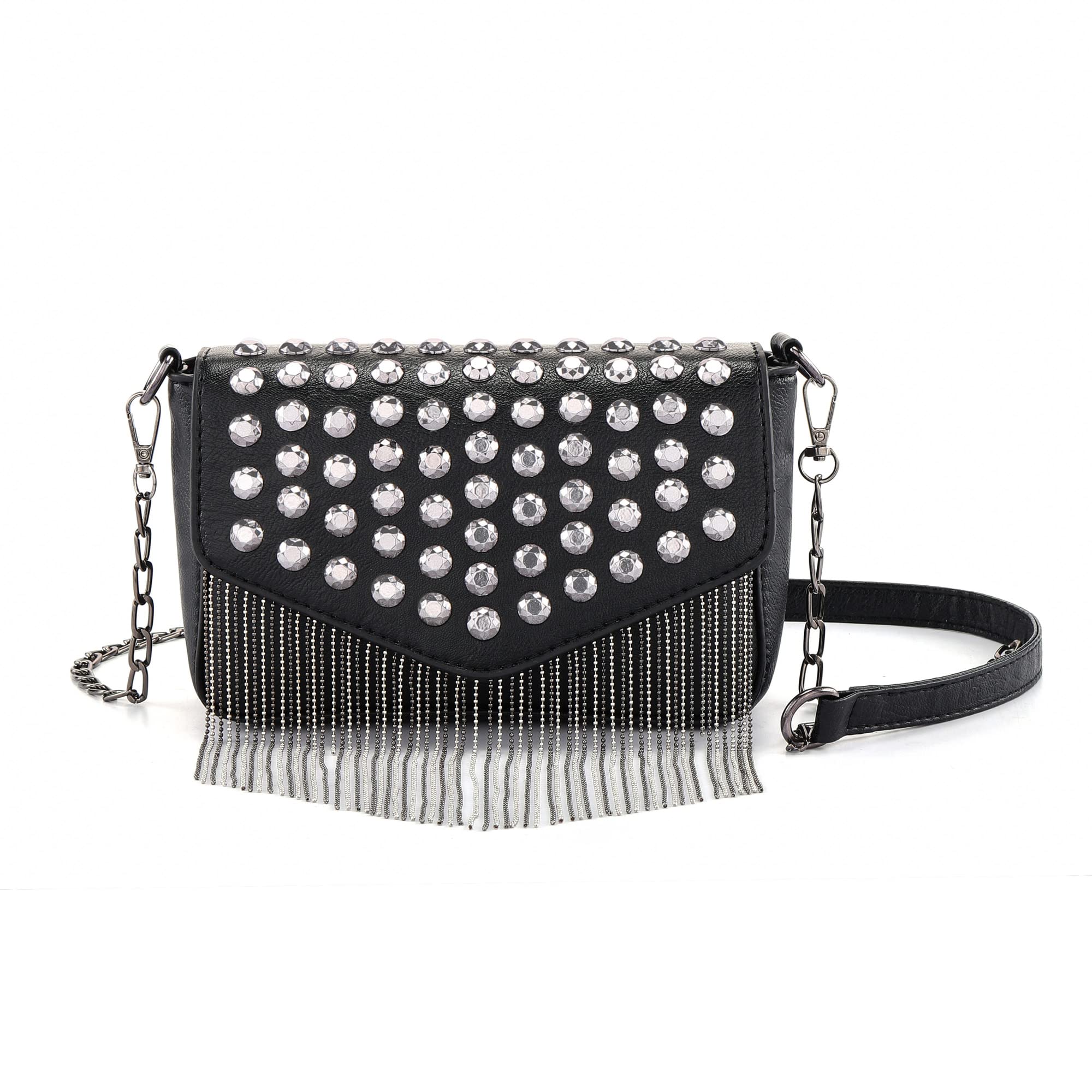 Ayliss Women Crossbody Handbag Purse Small Rivets Studded Tassel Shoulder Bag Clutch Gothic Punk Rock Party Funky Bag (Rectangle Black)