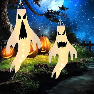 TrustBlai Halloween Decorations, Outdoor Decor Hanging Lighted Glowing Ghost with Witch Hat, Halloween Wind Sock Ornaments for Yard Tree Garden Halloween Party Favors